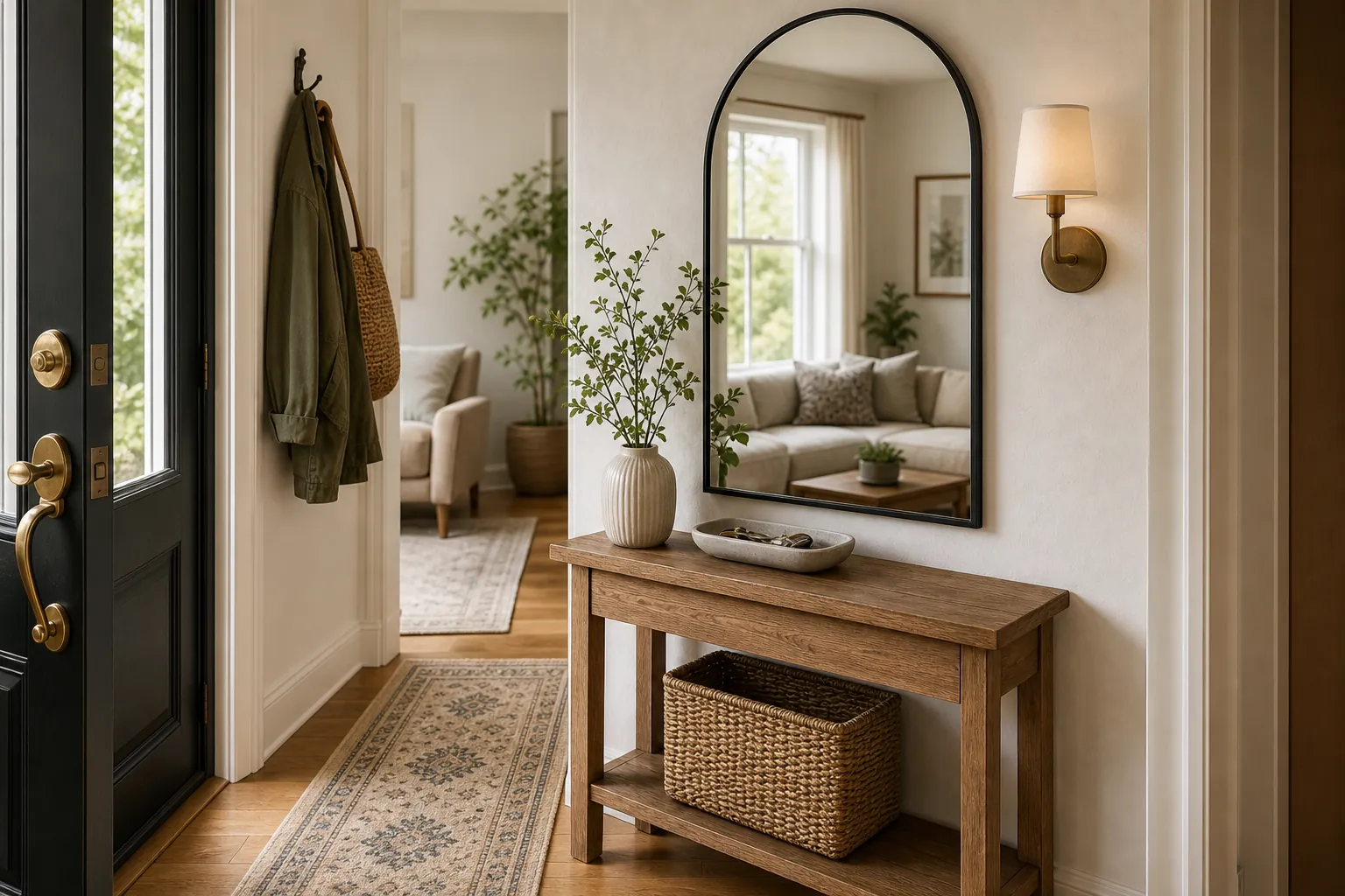 Arched wall mirror reflecting light across a small entryway with a patterned runner
