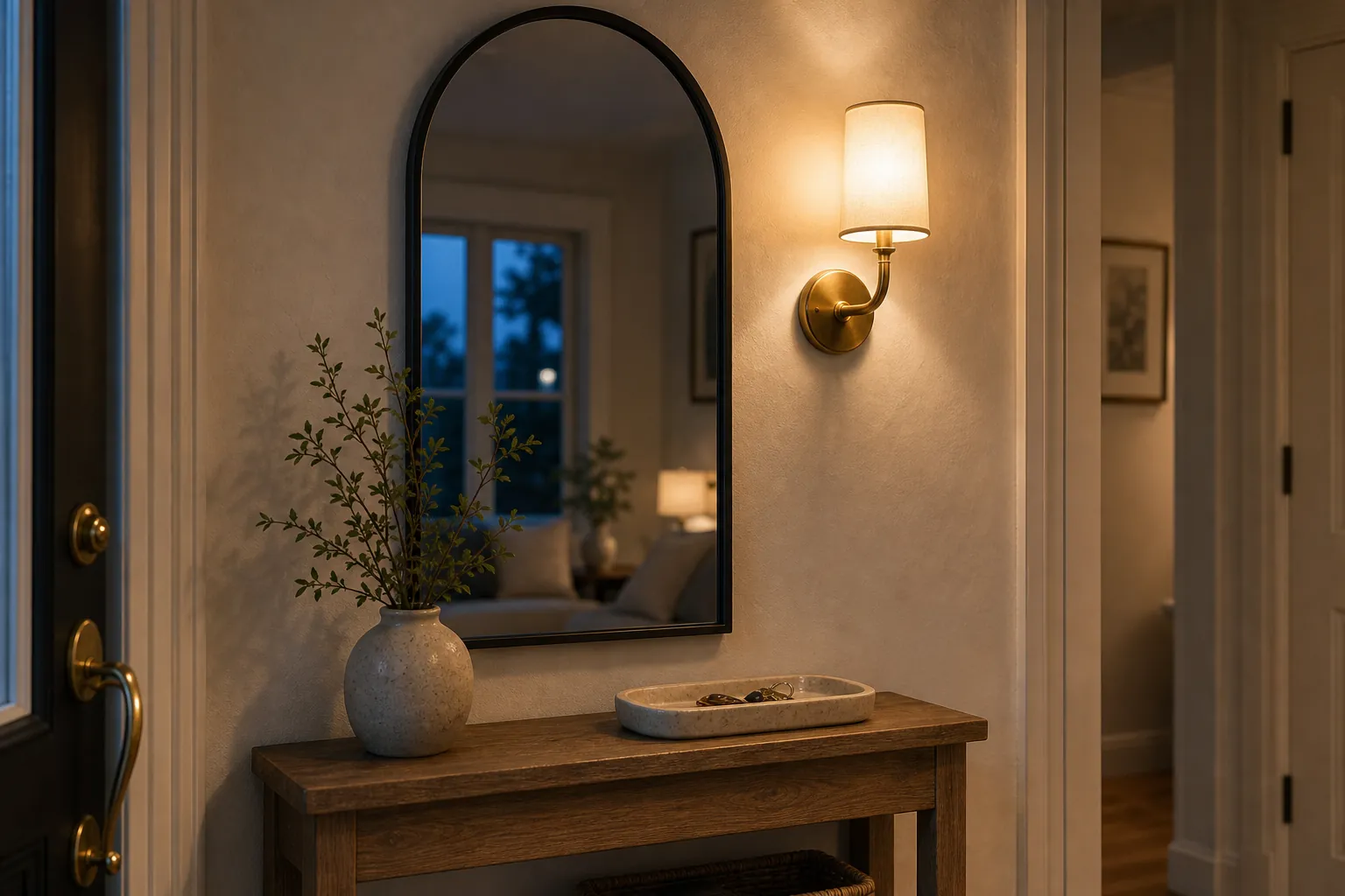 Arched entryway mirror styled with a warm wall sconce and simple foyer decor