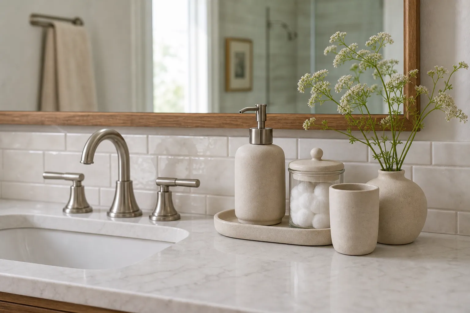 Bathroom vanity styled with matching soap dispenser, canister, lidded jar, and simple accessories