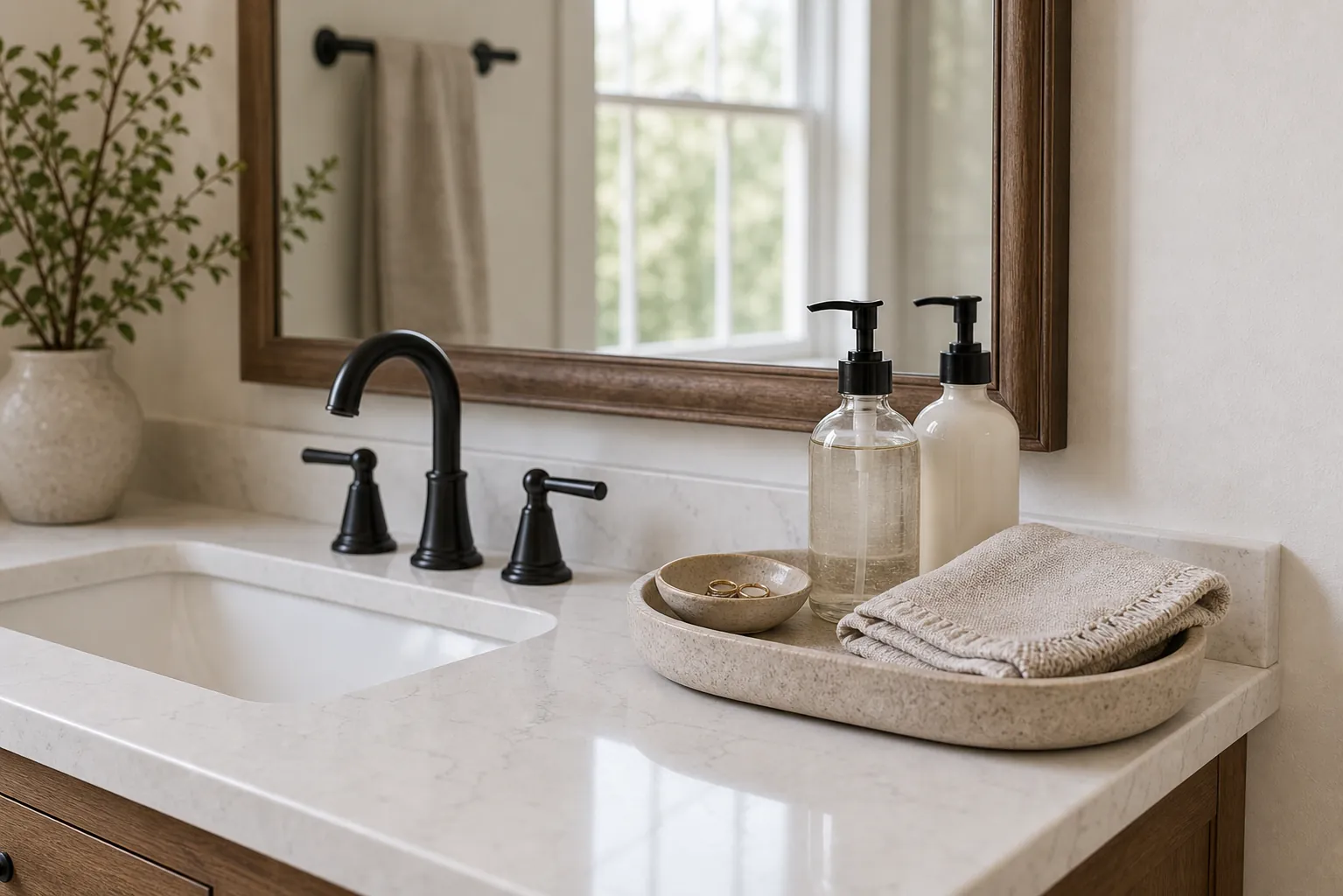Bathroom vanity counter styled with a tray for daily essentials, soap, lotion, and a hand towel