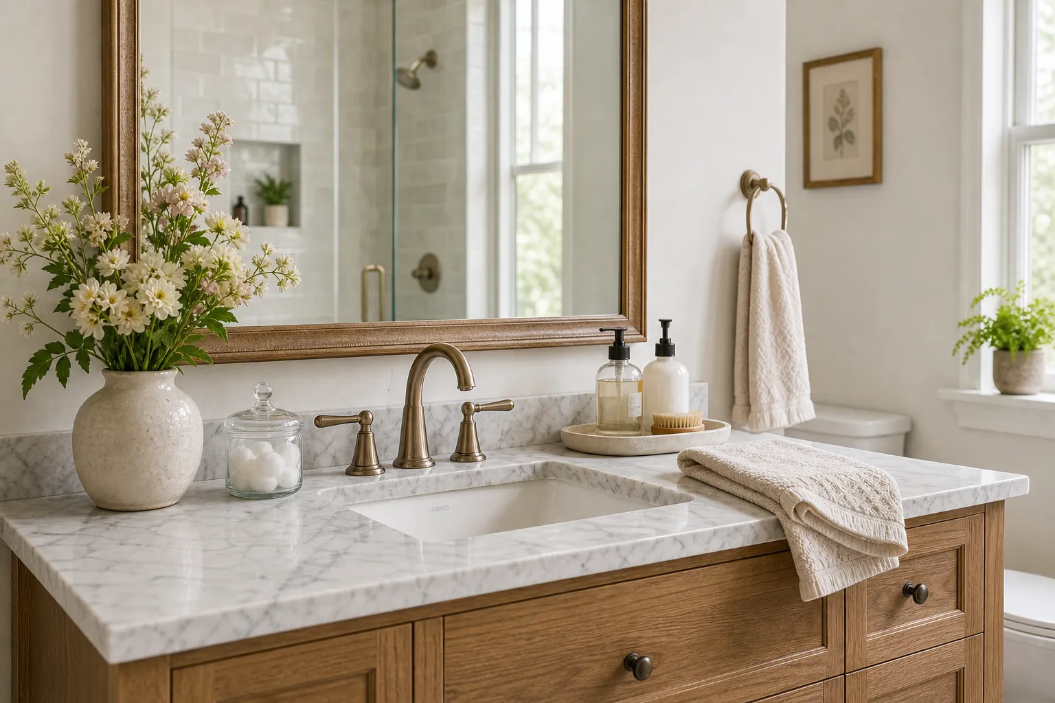Pretty bathroom vanity with marble counter styling, tray decor, flowers, and organized accessories