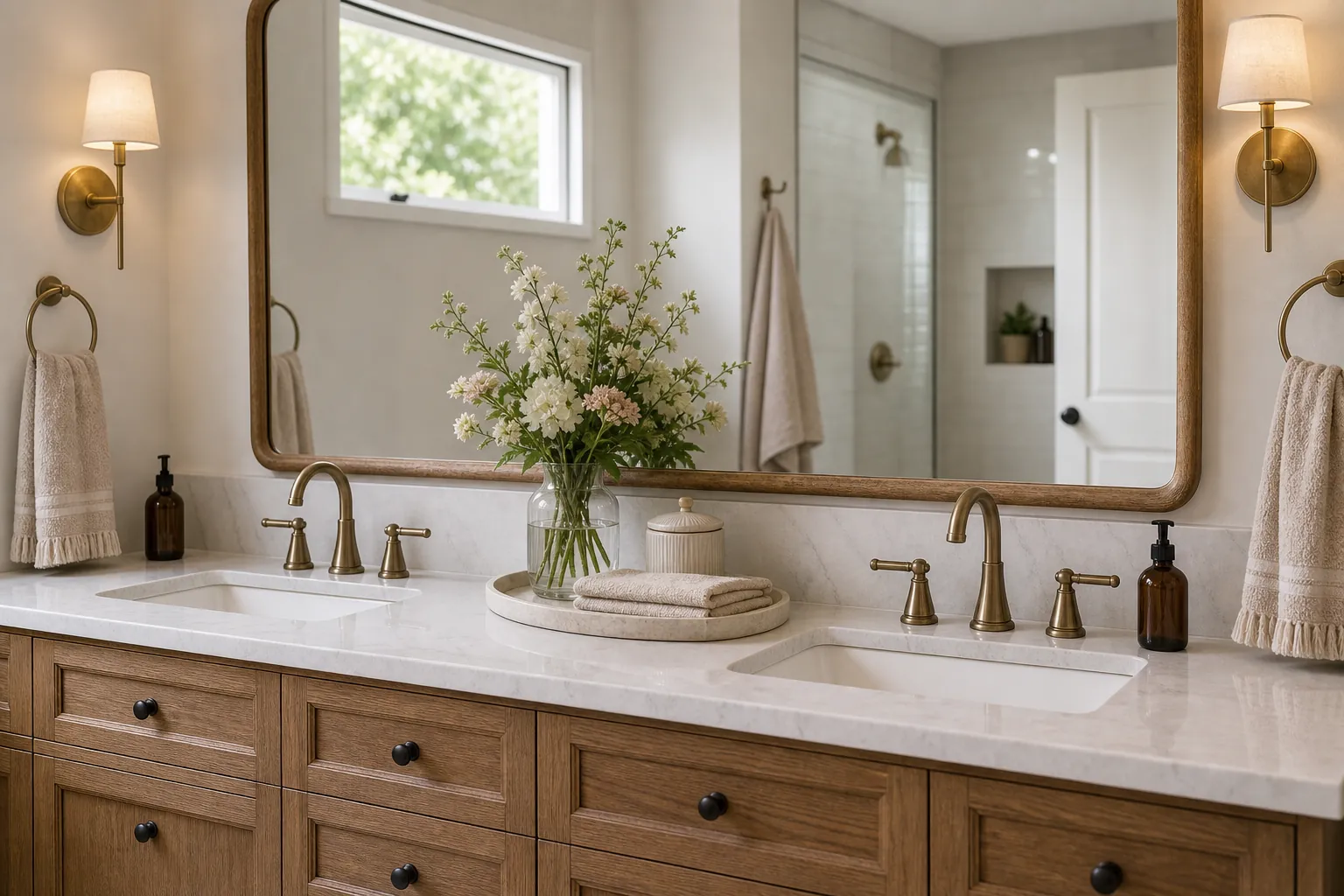 Double bathroom vanity with two clear counter zones and pretty shared tray decor