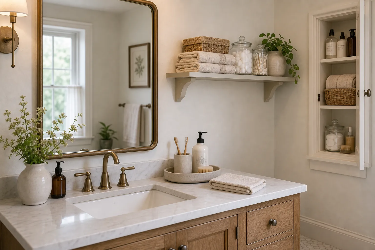 Bathroom vanity with wall shelf storage keeping the counter mostly clear