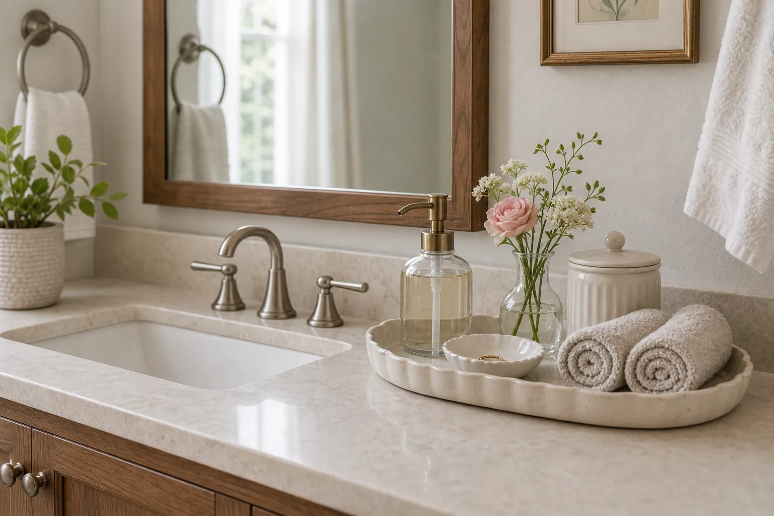 Guest bathroom vanity tray with hand towels, soap, flowers, and a small lidded jar