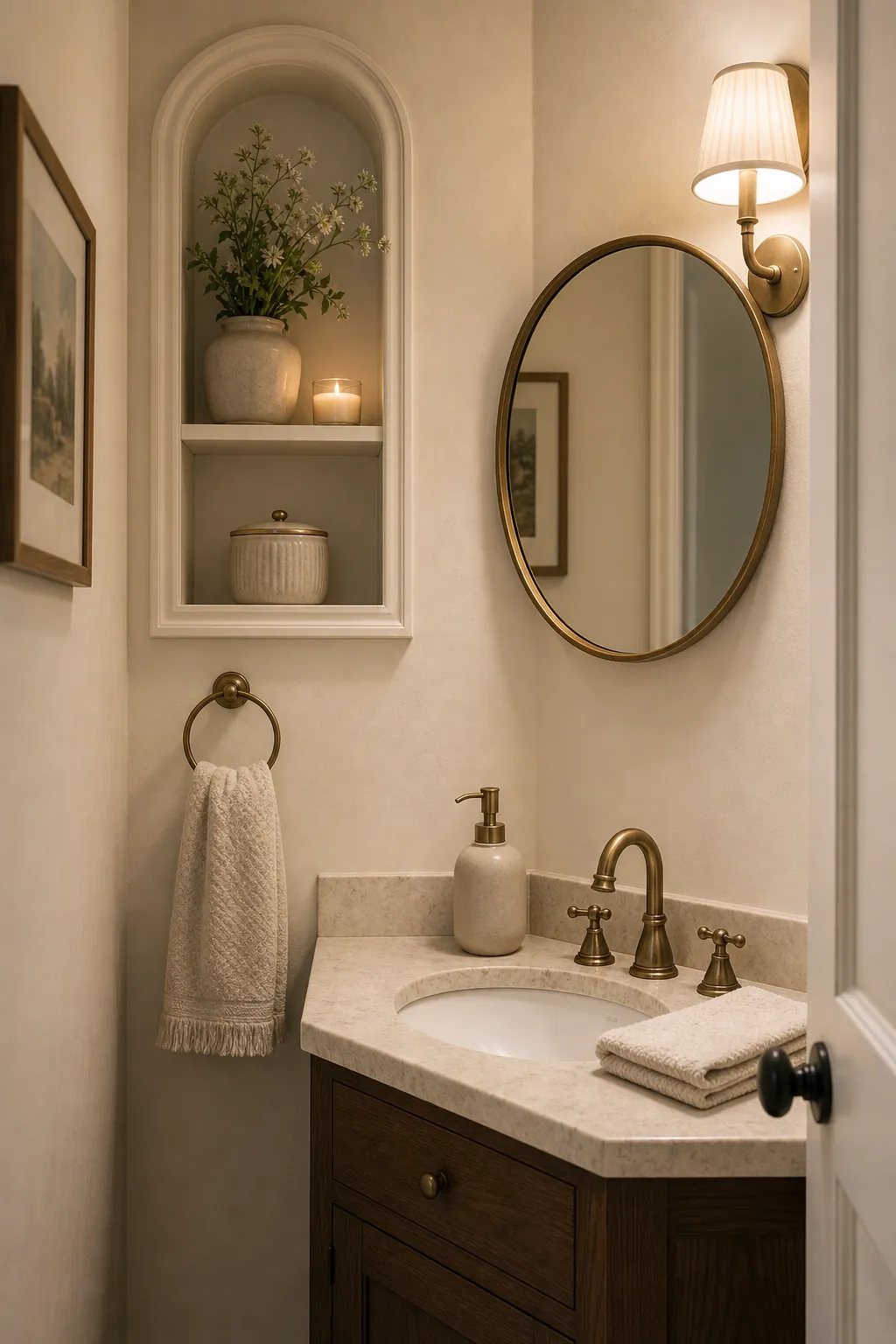 Small powder room vanity with pretty counter styling, wall niche, and compact storage