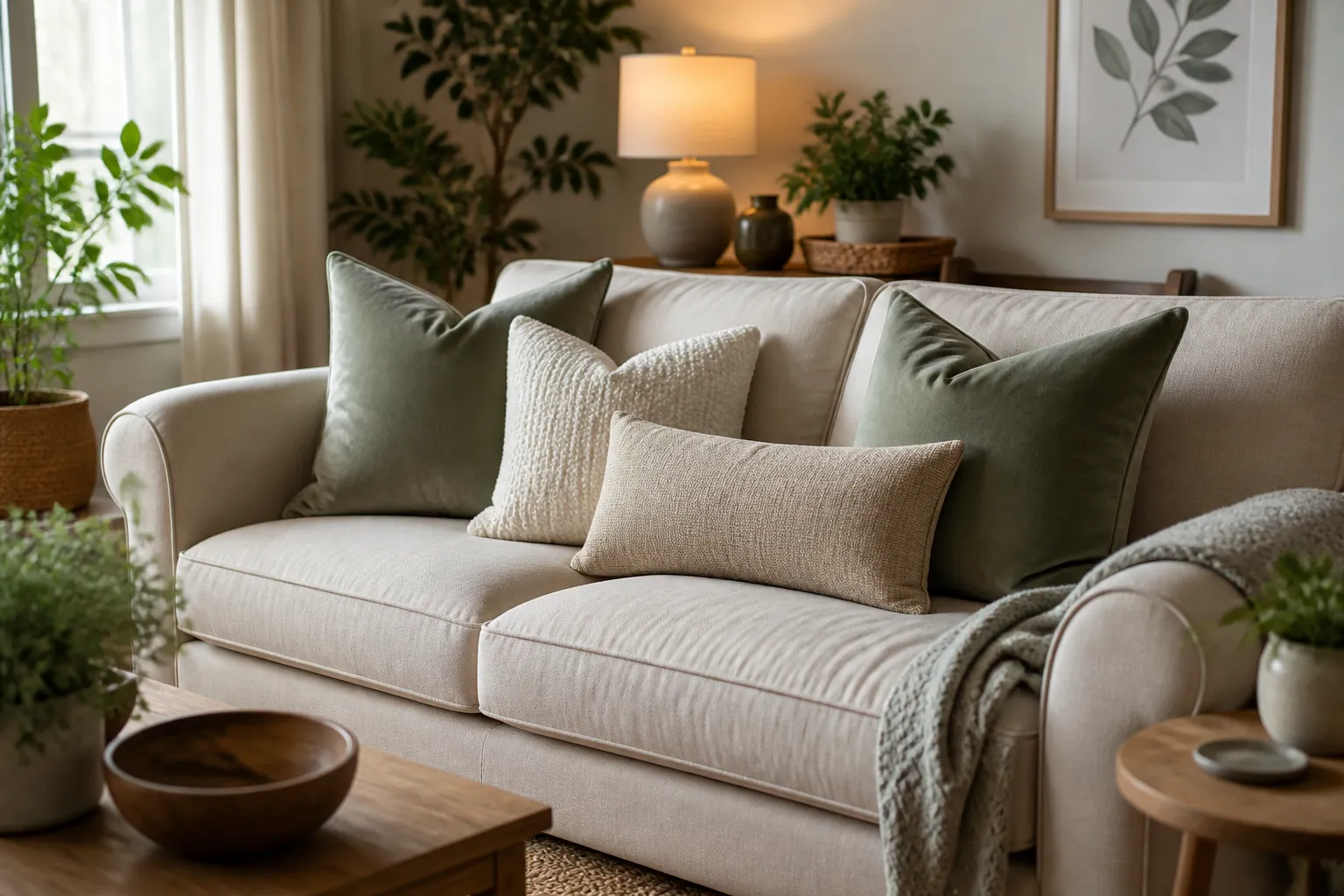 Beige sofa with sage green accent pillows