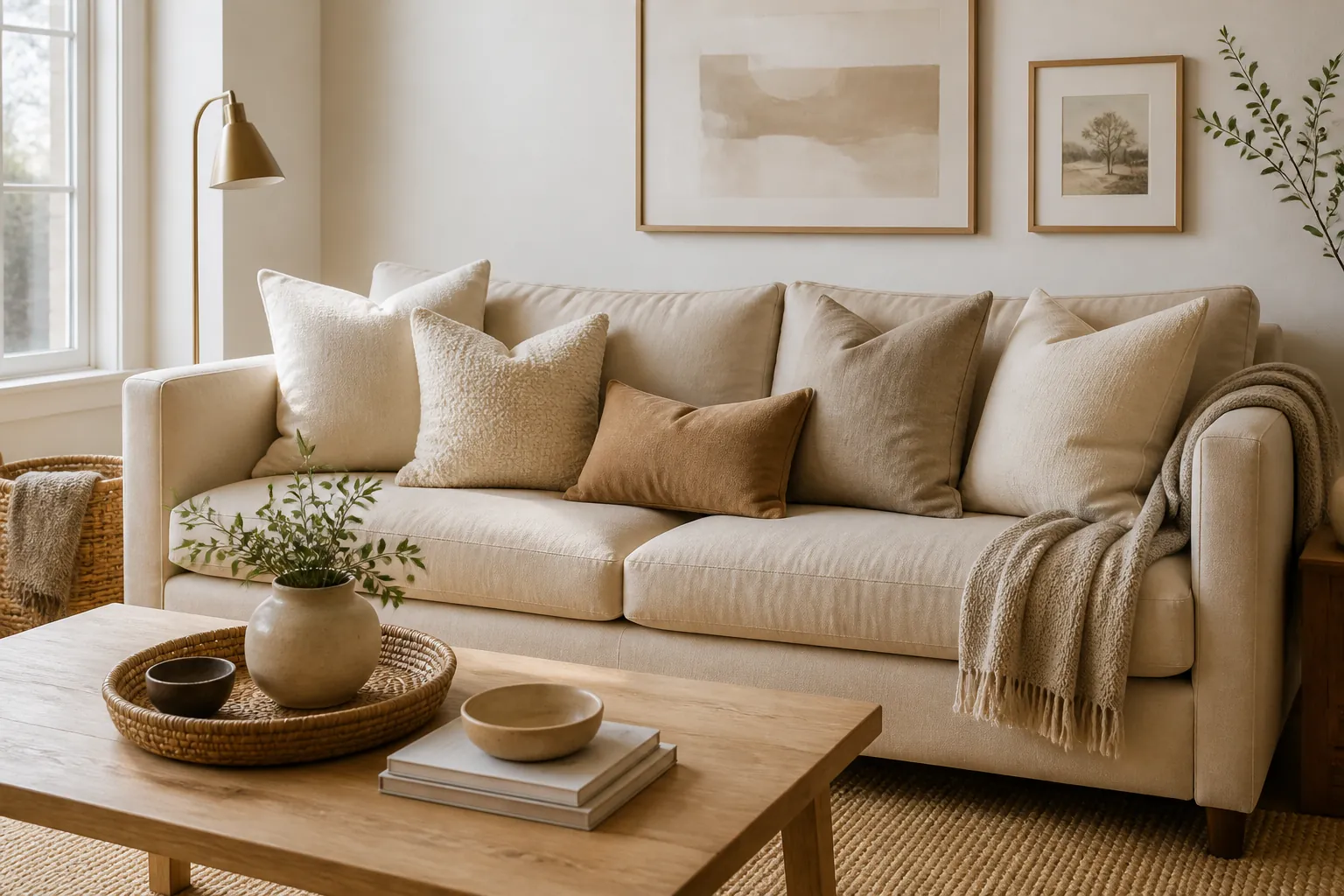 Neutral layered throw pillows on a beige sofa