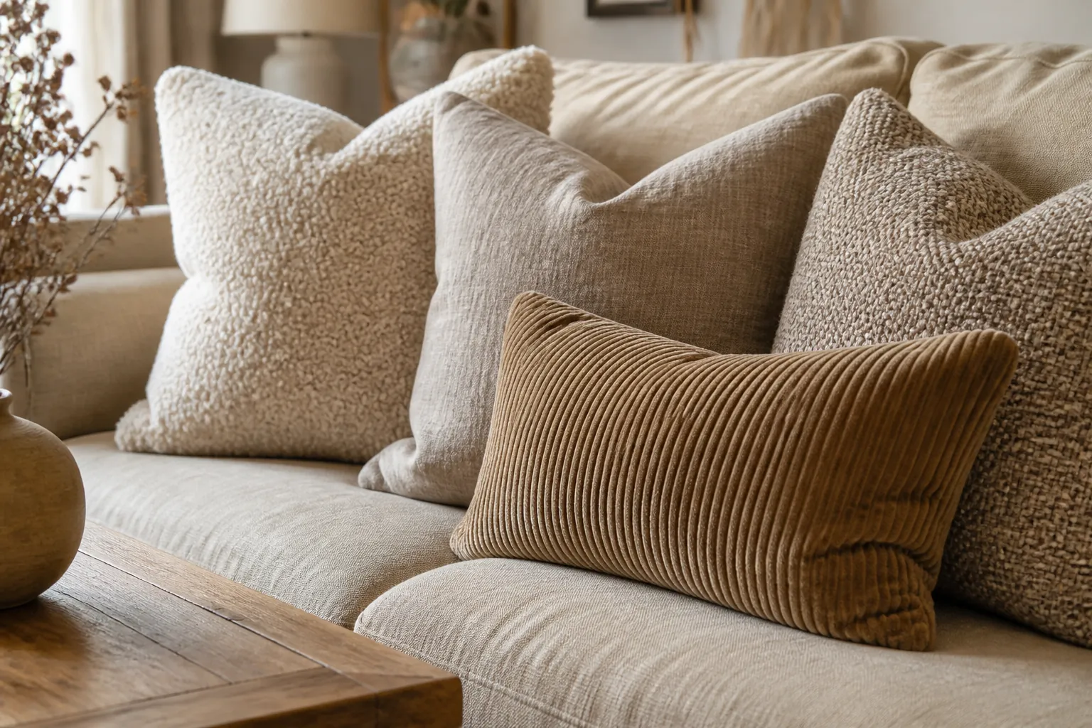 Textured throw pillows on a beige sofa