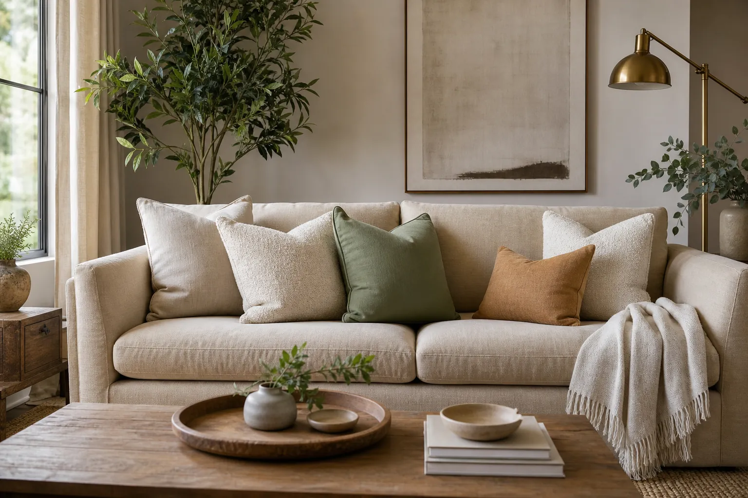 Beige sofa styled with throw pillows in a warm modern living room
