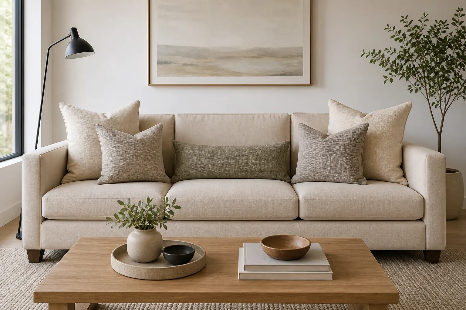Beige sofa pillow arrangement with large corner pillows and center lumbar