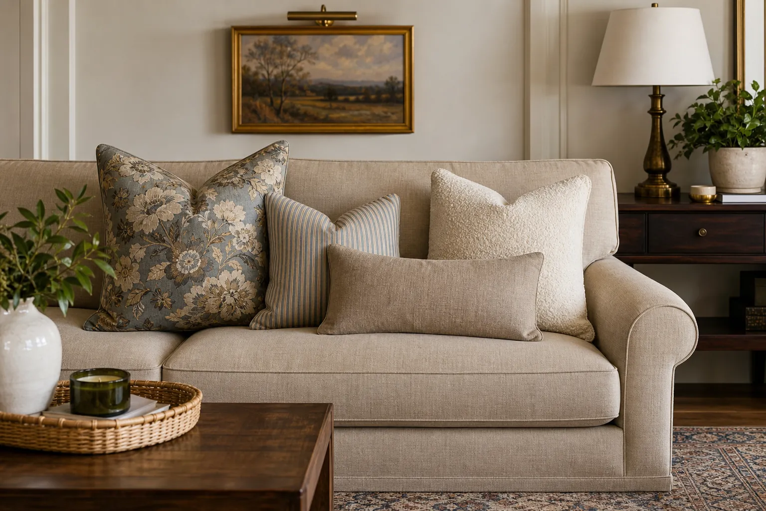 Pattern scale mix of throw pillows on a beige sofa