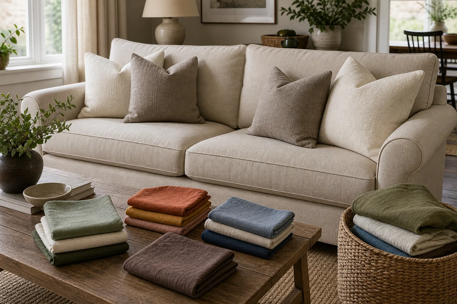 Seasonal accent pillow covers on a beige sofa