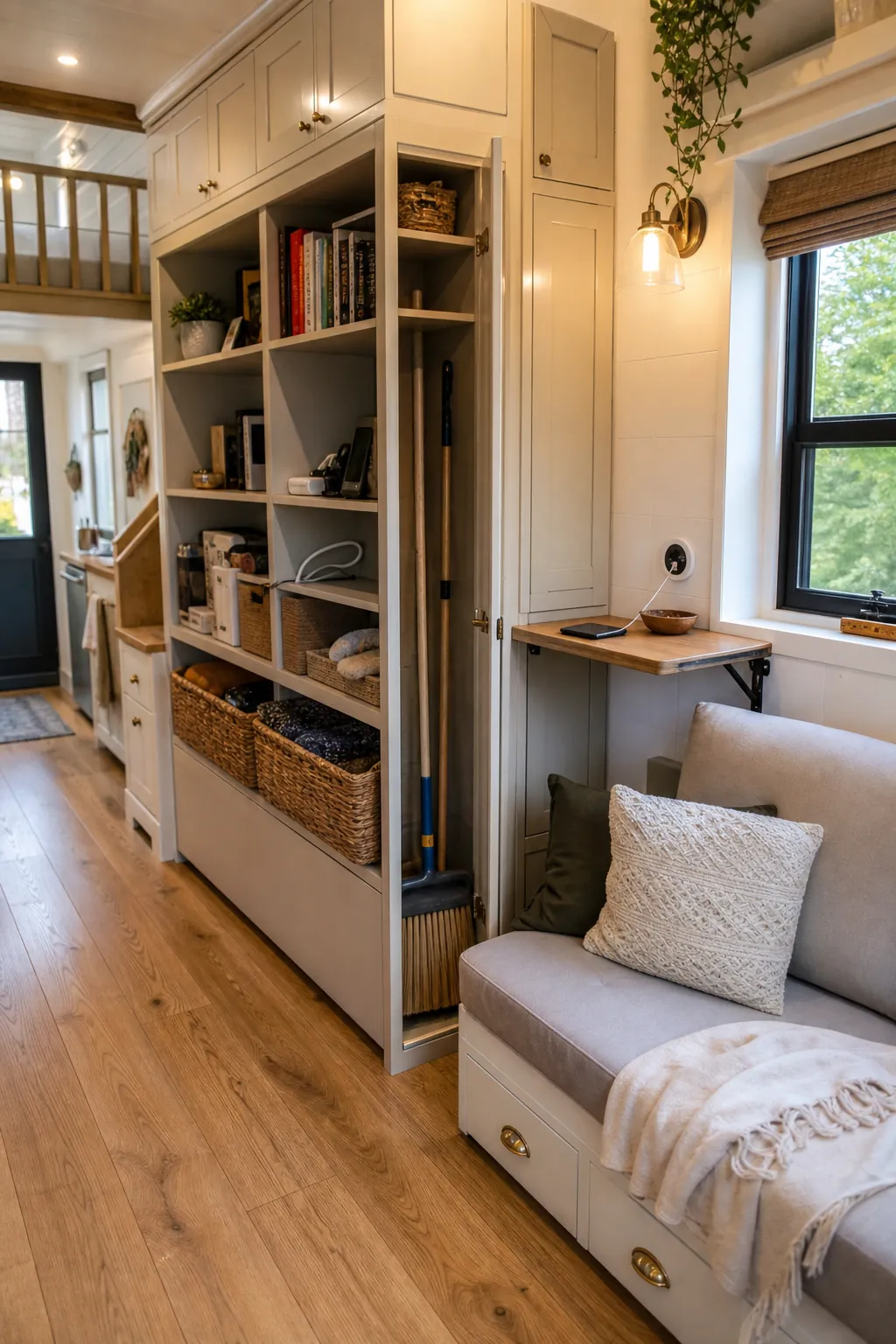 Tiny house built in storage wall organized by daily use zones