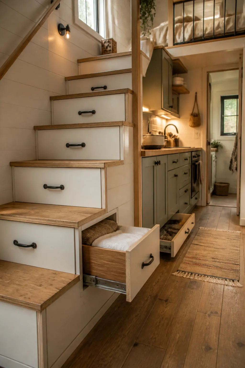 Tiny house stairs with built in drawers and under stair storage