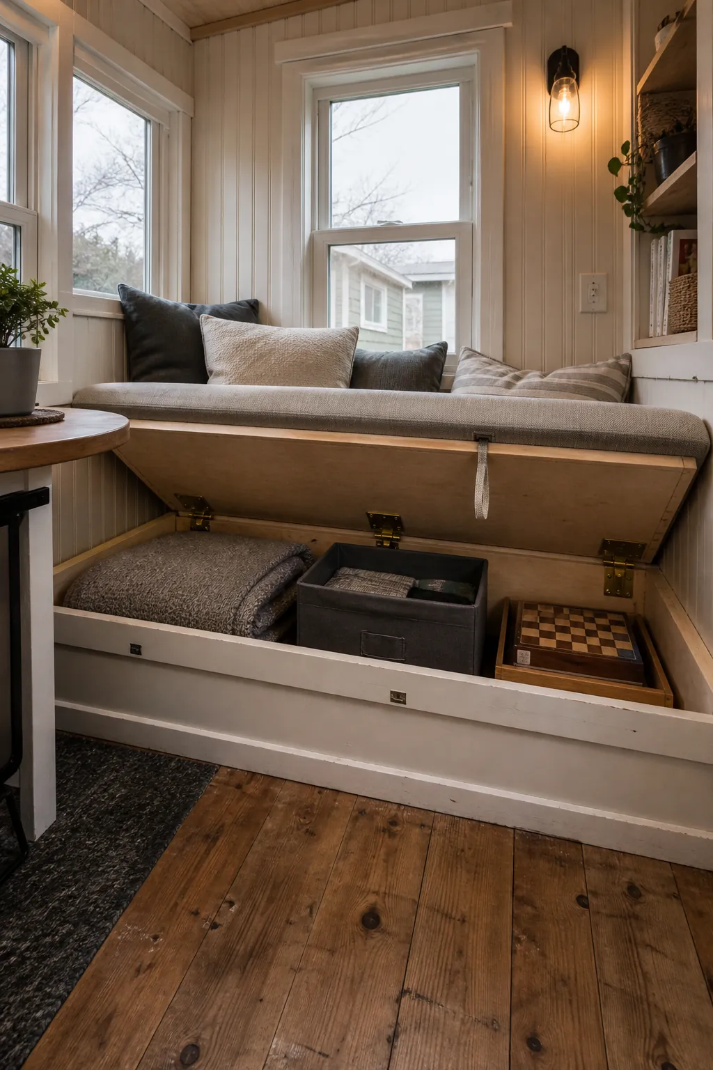 Window bench with hidden storage in a tiny home living room