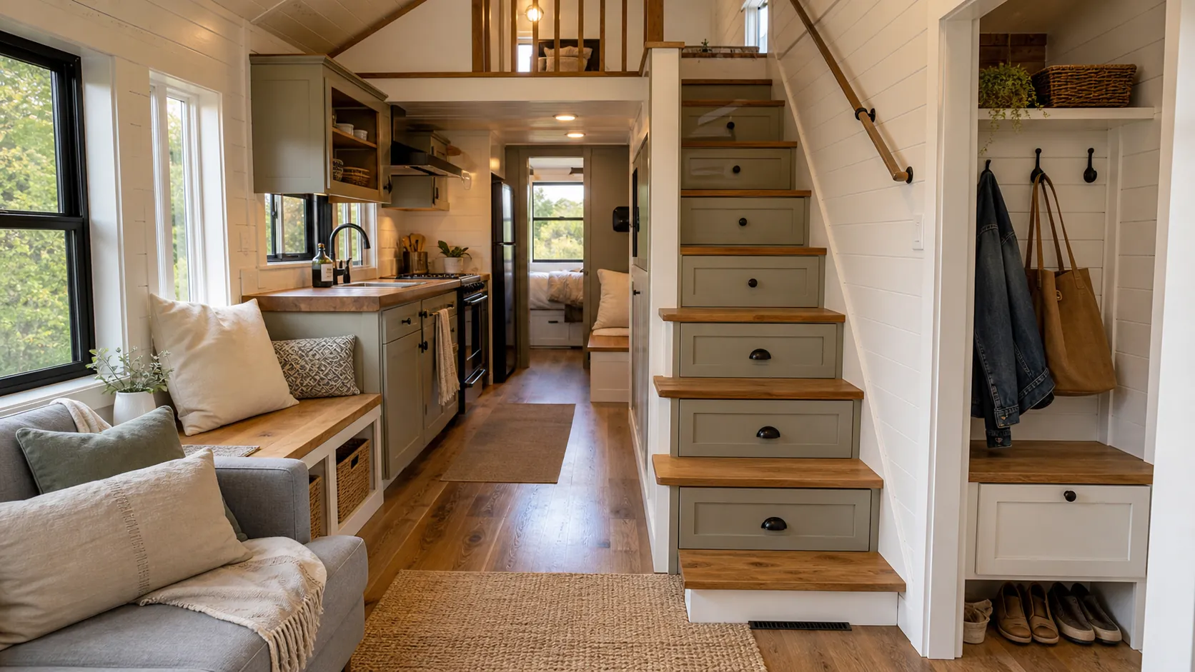 Tiny house interior with built in storage, stair drawers, and hidden storage furniture