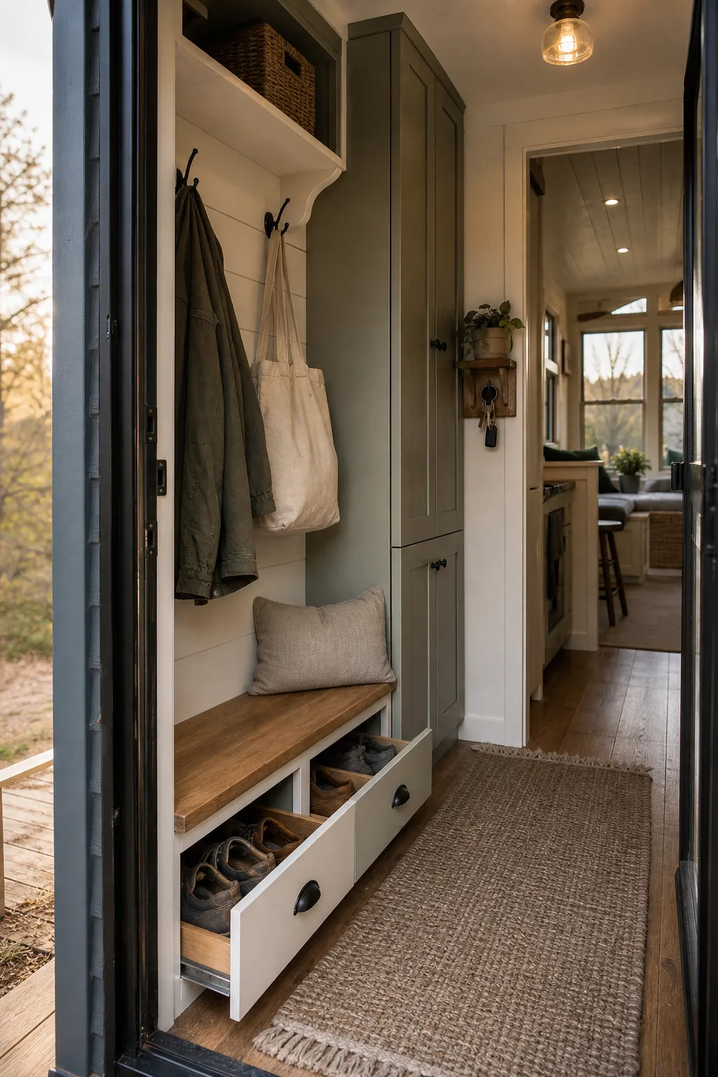 Tiny house entryway drop zone with built in shoe and coat storage