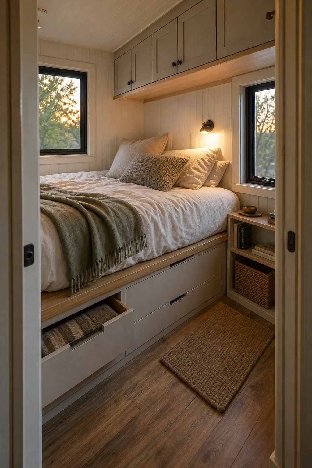 Tiny house bedroom platform bed with built in storage cabinets