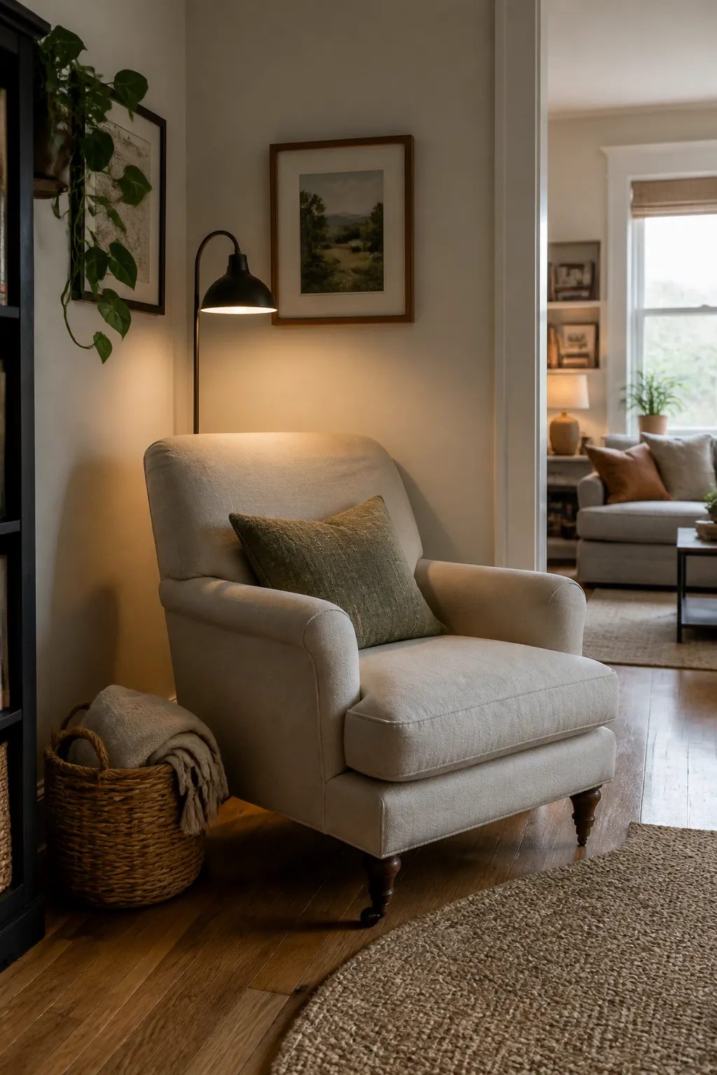 Small reading corner with one accent chair angled toward the room