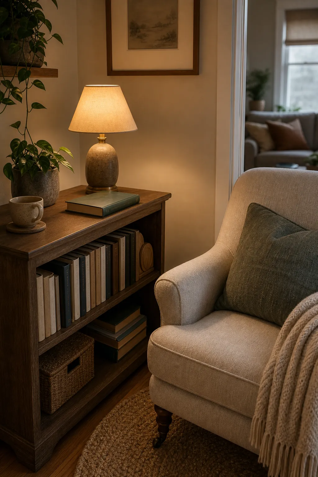 Low bookcase beside an accent chair used for book storage and a drink