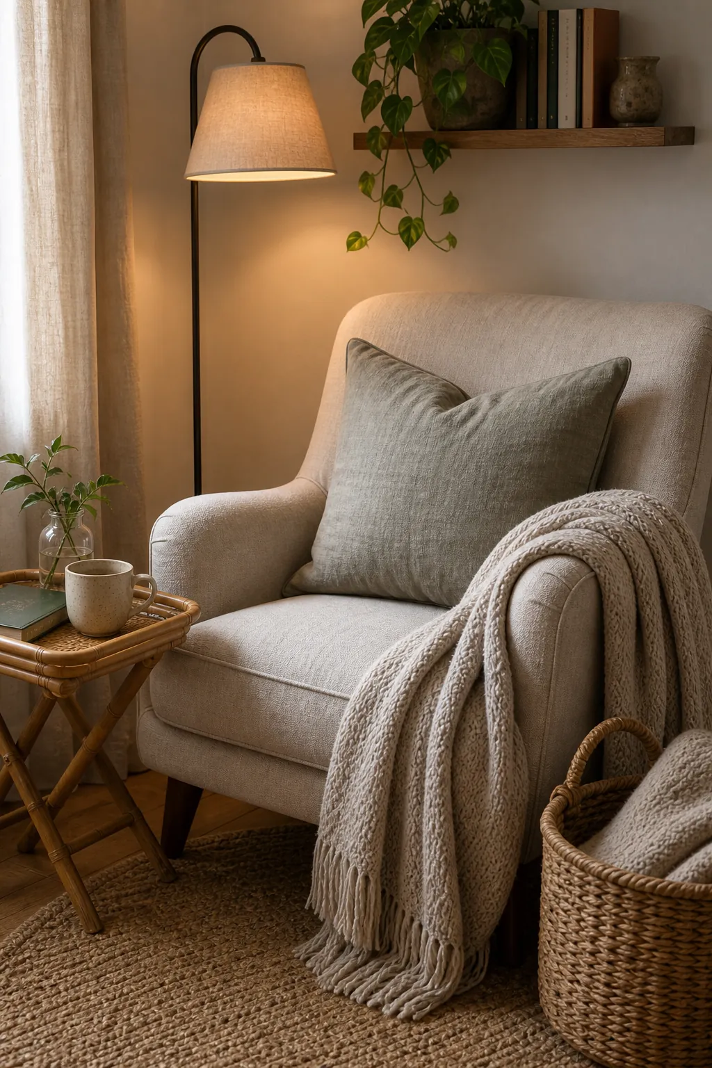Cozy accent chair with throw blanket pillow basket and natural textures