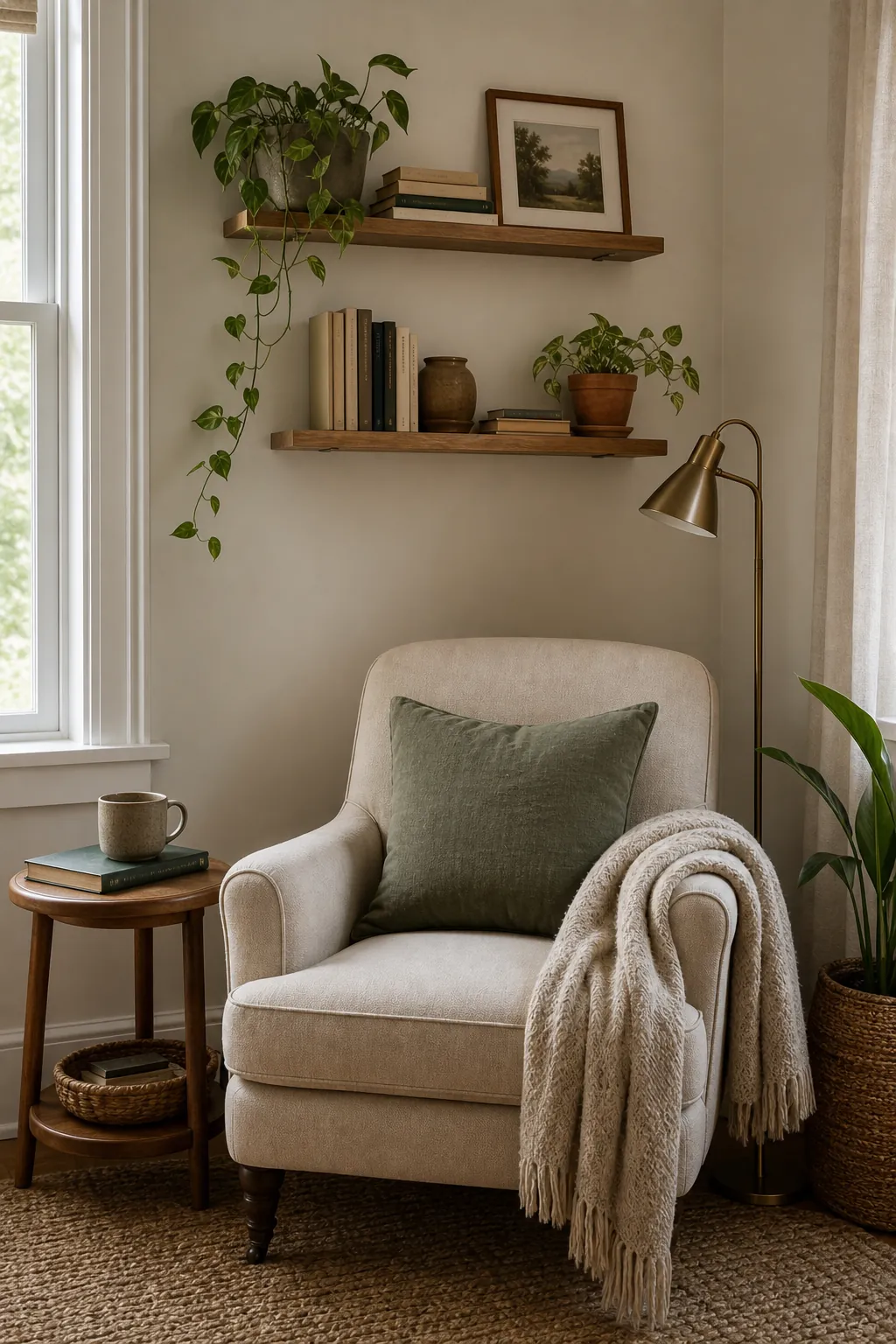 Wall shelves above a reading chair with books plants and framed art