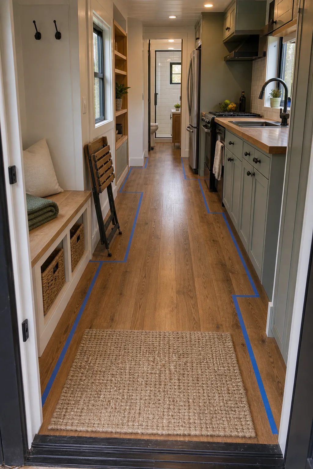 Tiny house layout planning with clear walking path before furniture