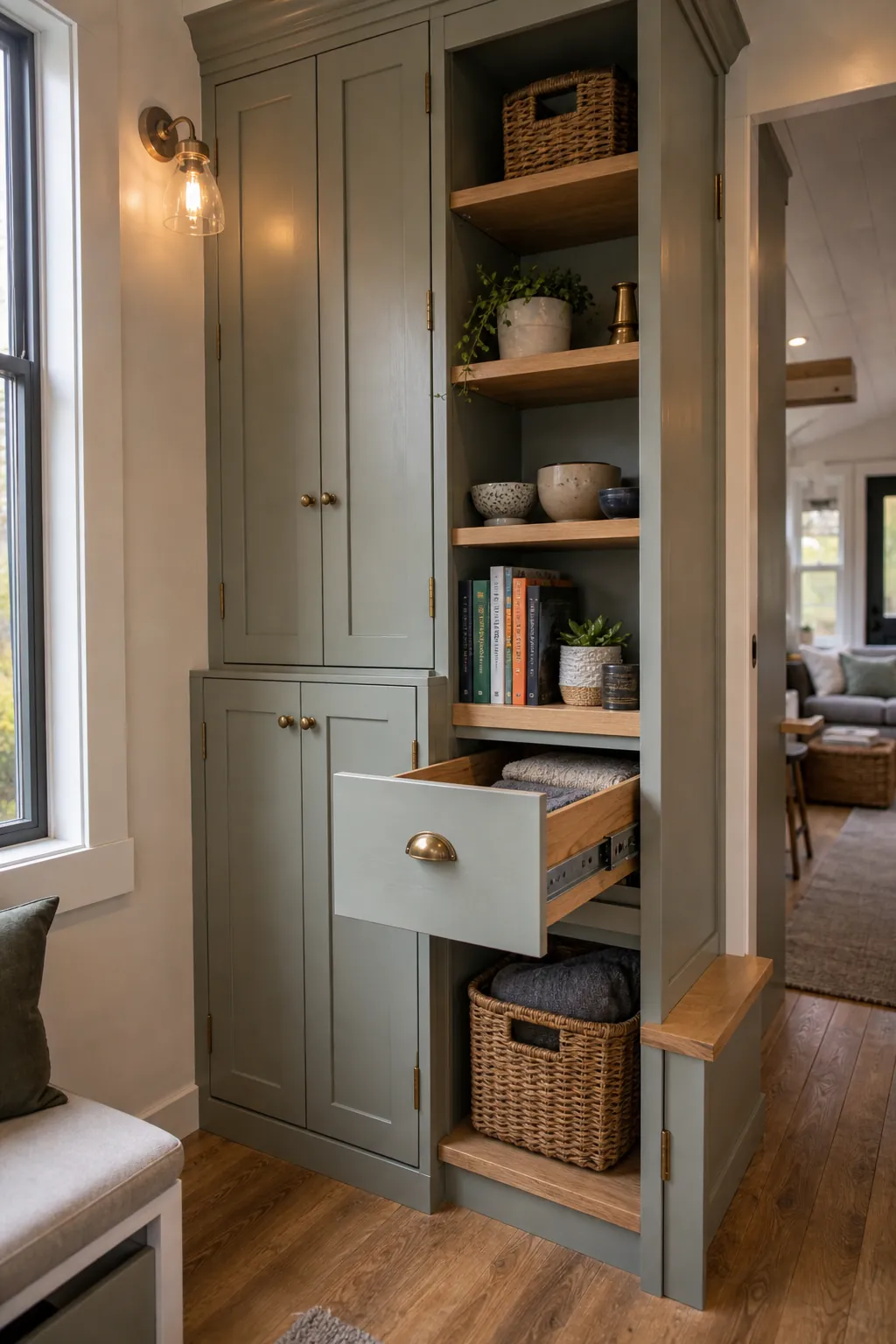Tiny house storage plan mixing closed open and hidden storage