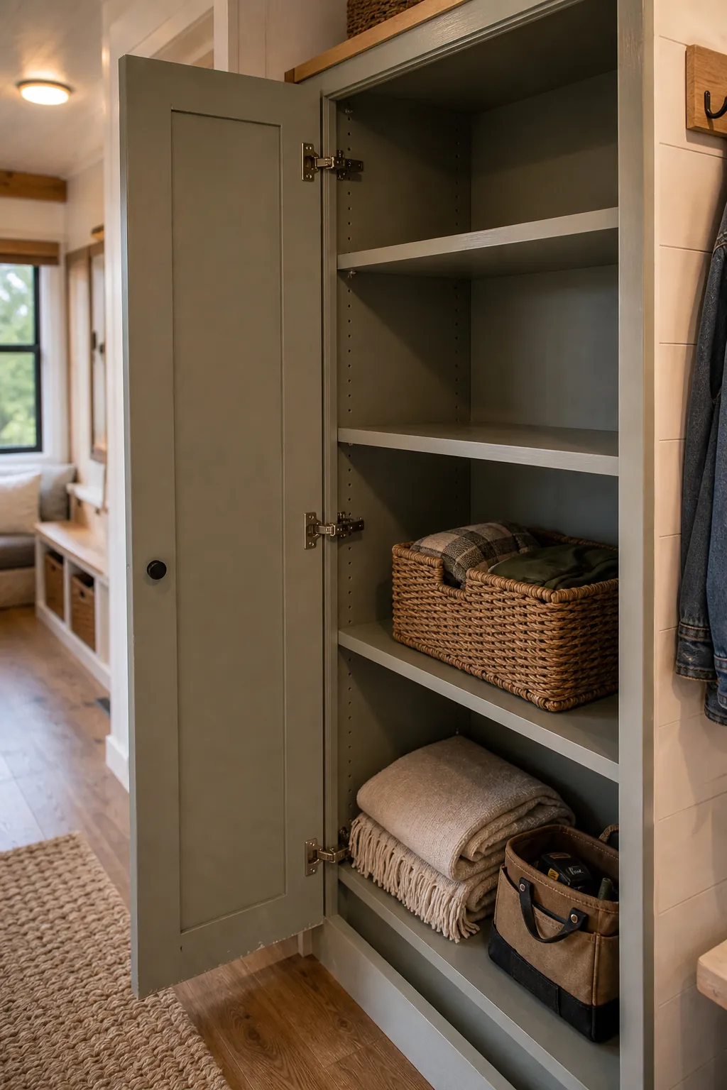 Flexible overflow cabinet planned for changing tiny house storage needs
