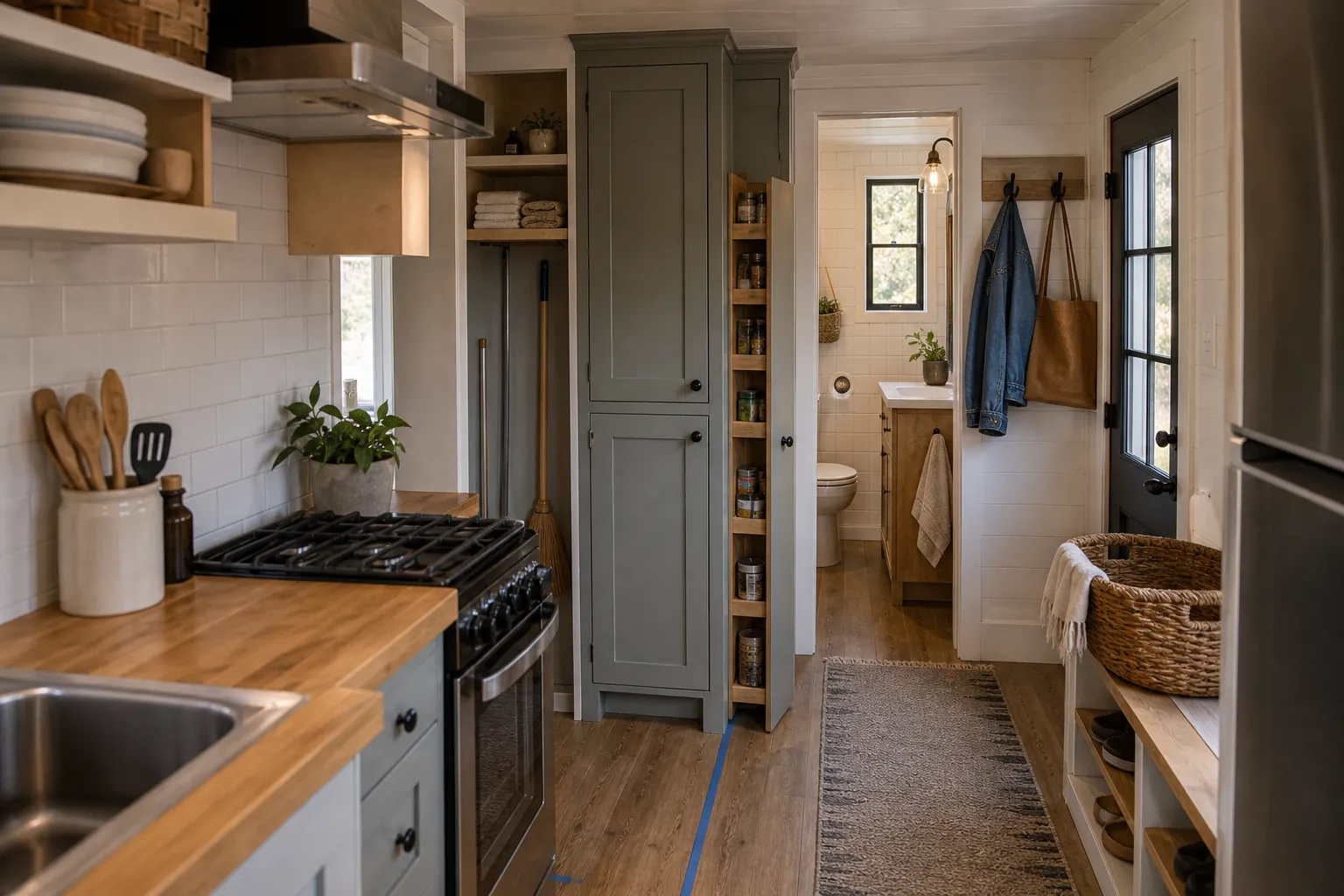 Tiny house storage planning across kitchen bath and entry zones