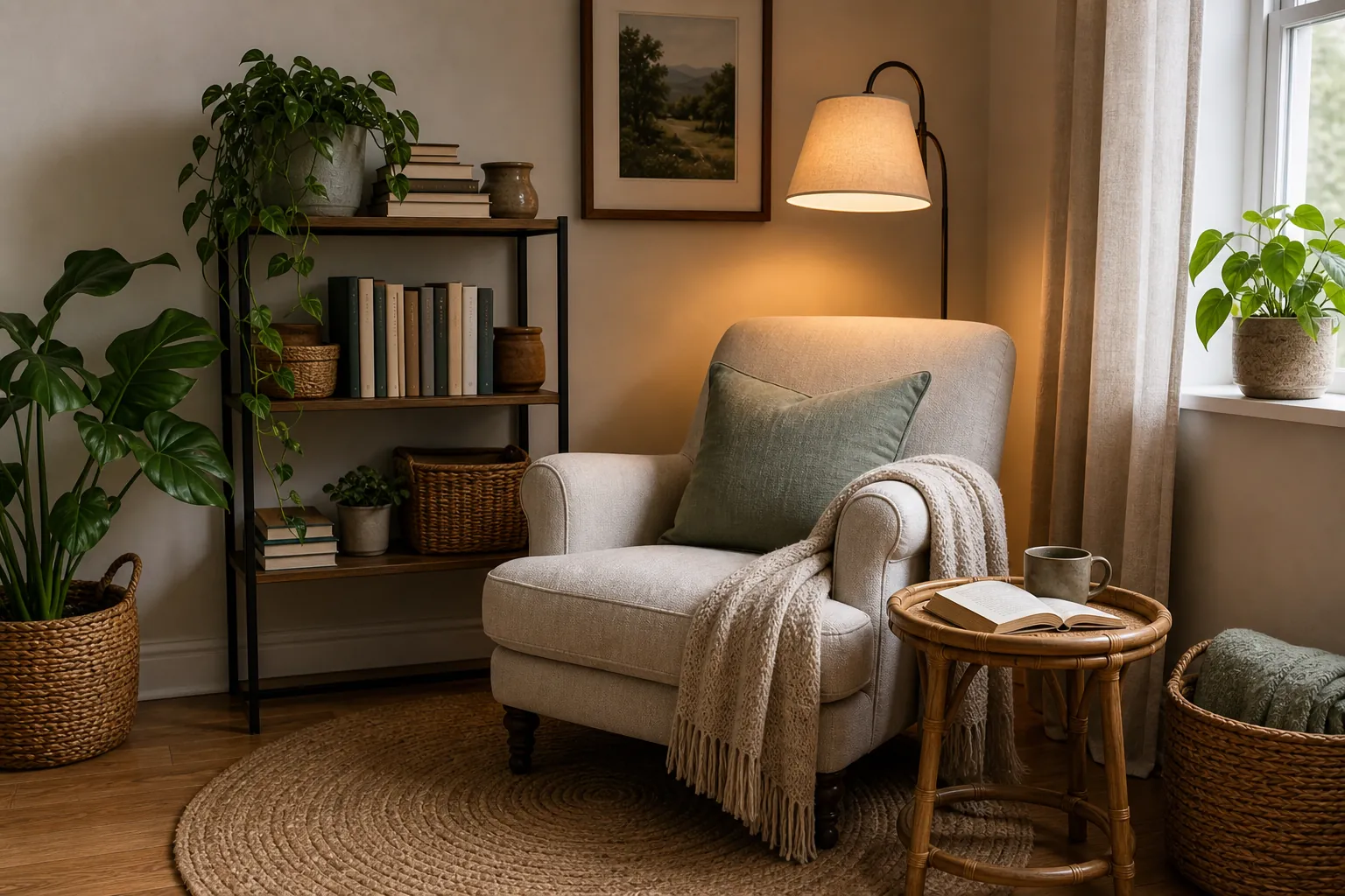Cozy reading nook made without built ins using freestanding shelves, warm light, rug, and one chair
