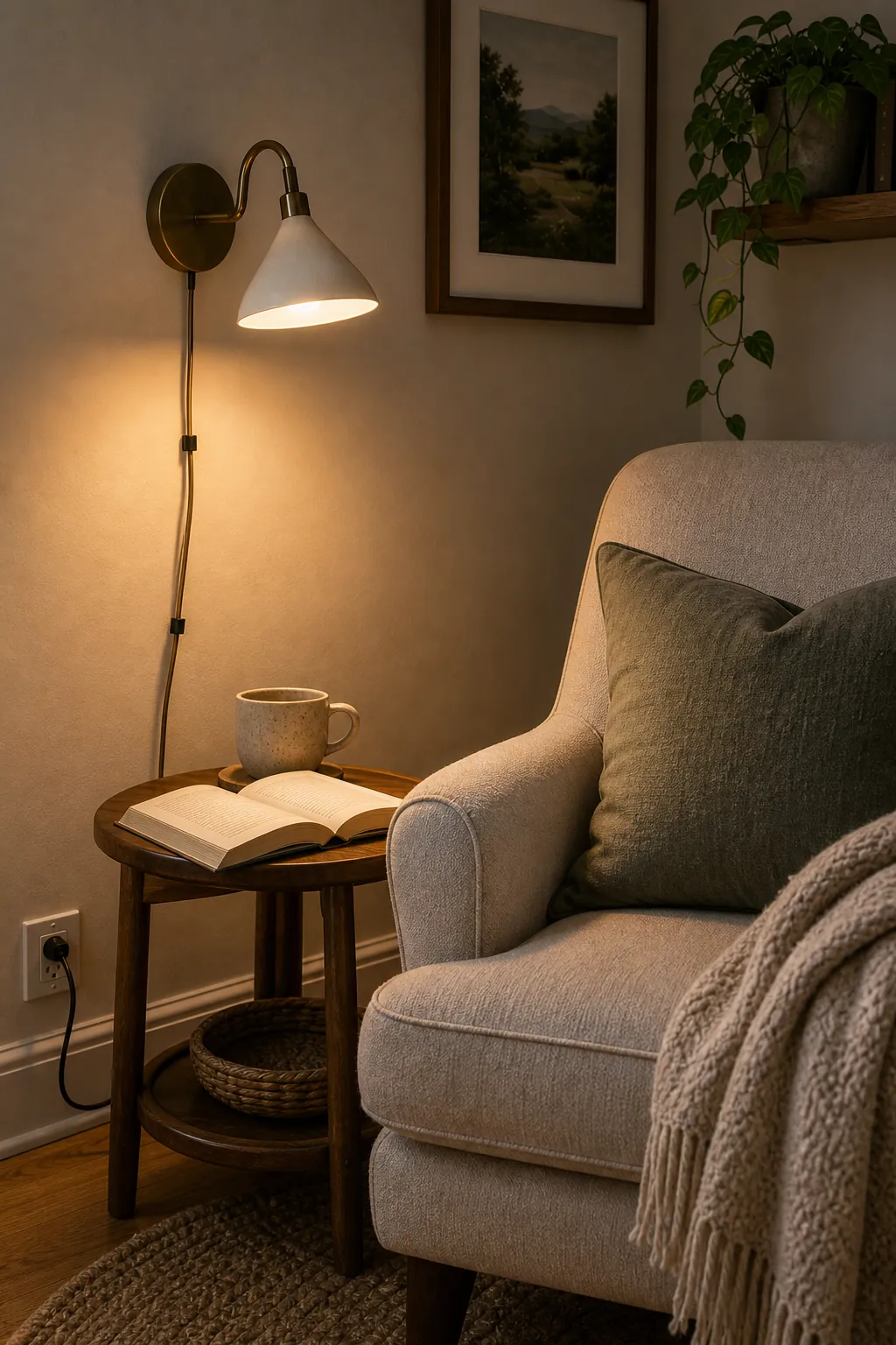 Reading nook with plug in wall sconce warm light and side table