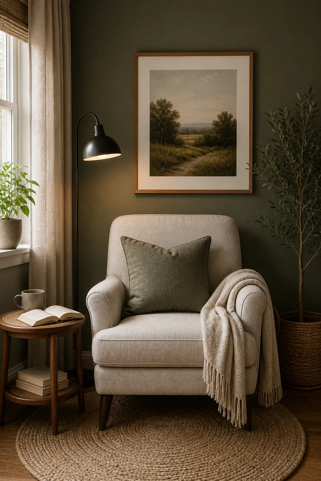 Reading nook with painted accent wall framed art and cozy chair