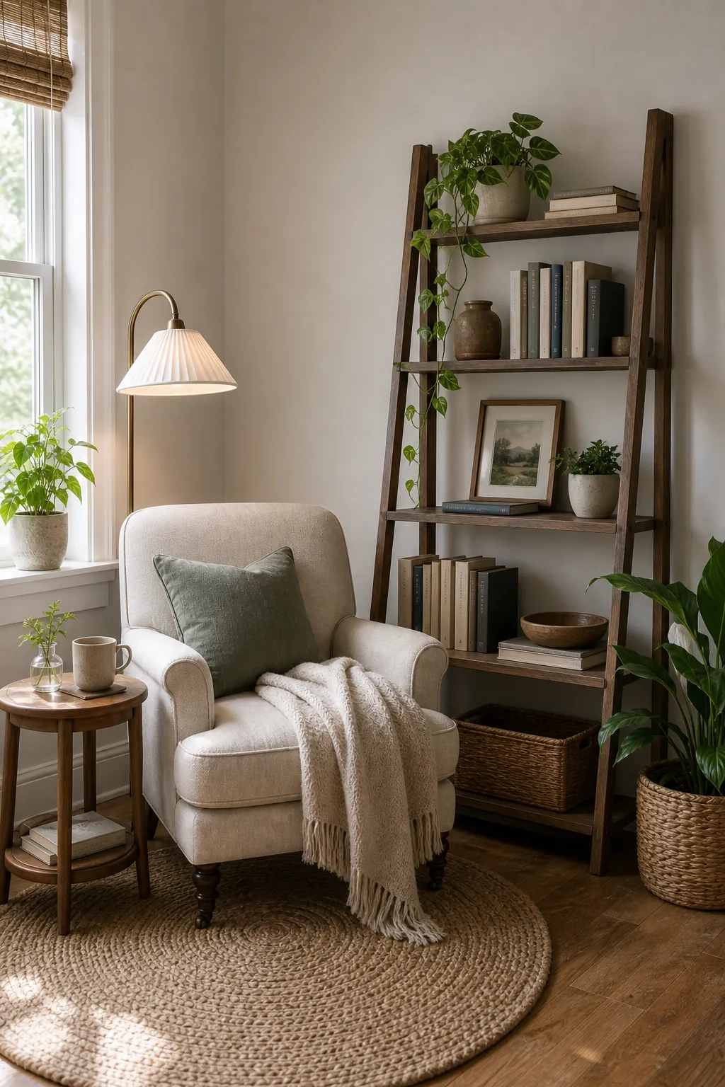 Freestanding book storage beside a cozy reading chair