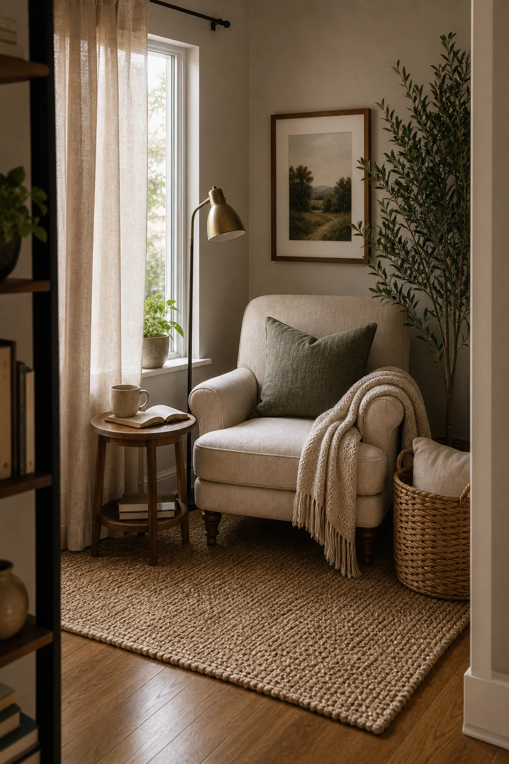Reading nook defined by a rug curtain and soft natural textures