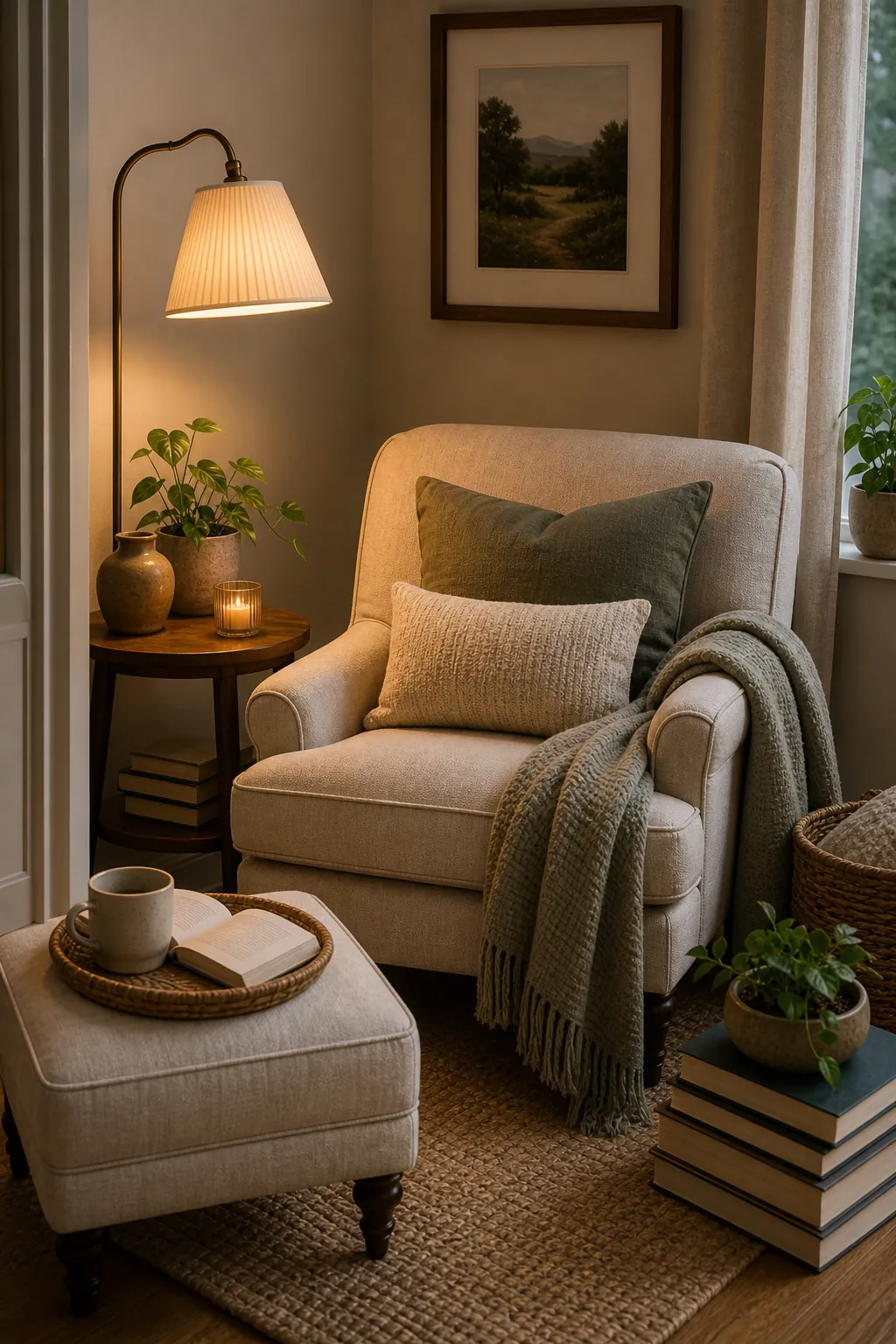 Cozy book nook chair with pillow throw ottoman and side table