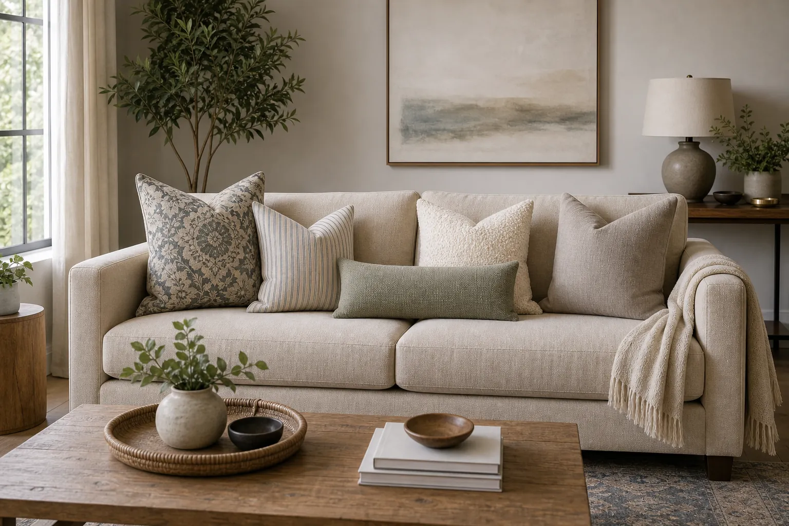 Sofa styled with mixed throw pillows that look balanced instead of busy