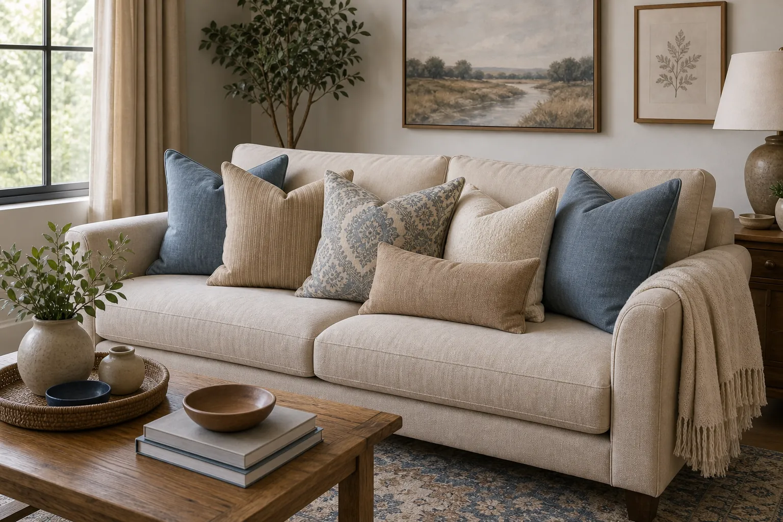Sofa pillow palette balanced with colors from the room