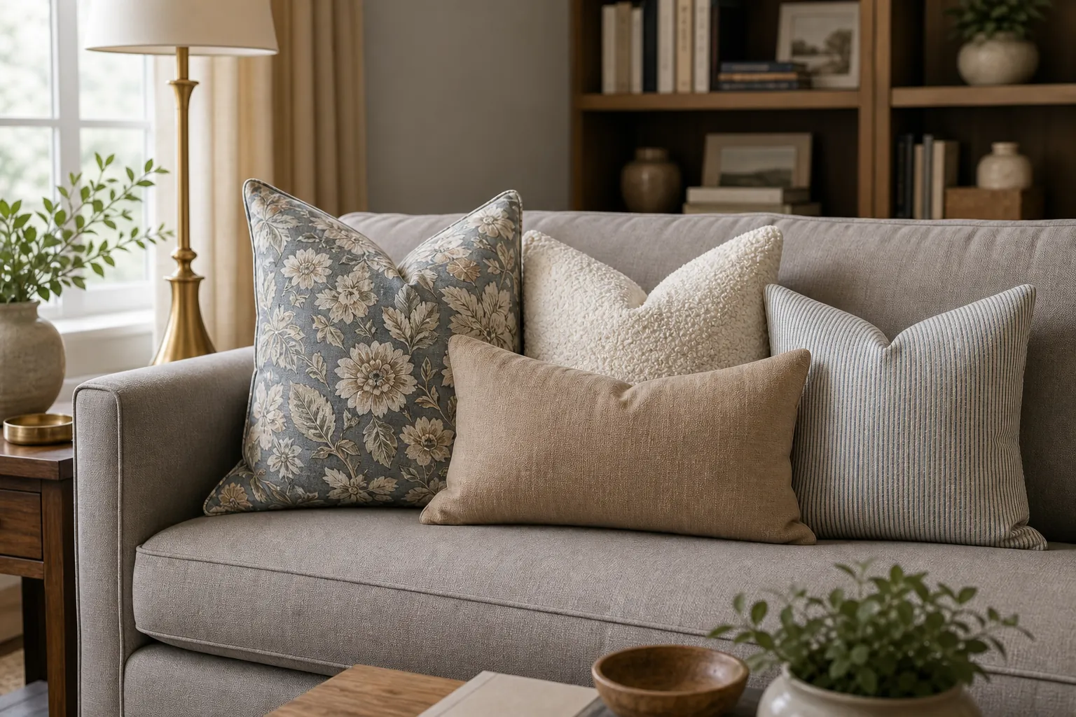 Hero patterned throw pillow anchoring a sofa pillow combination