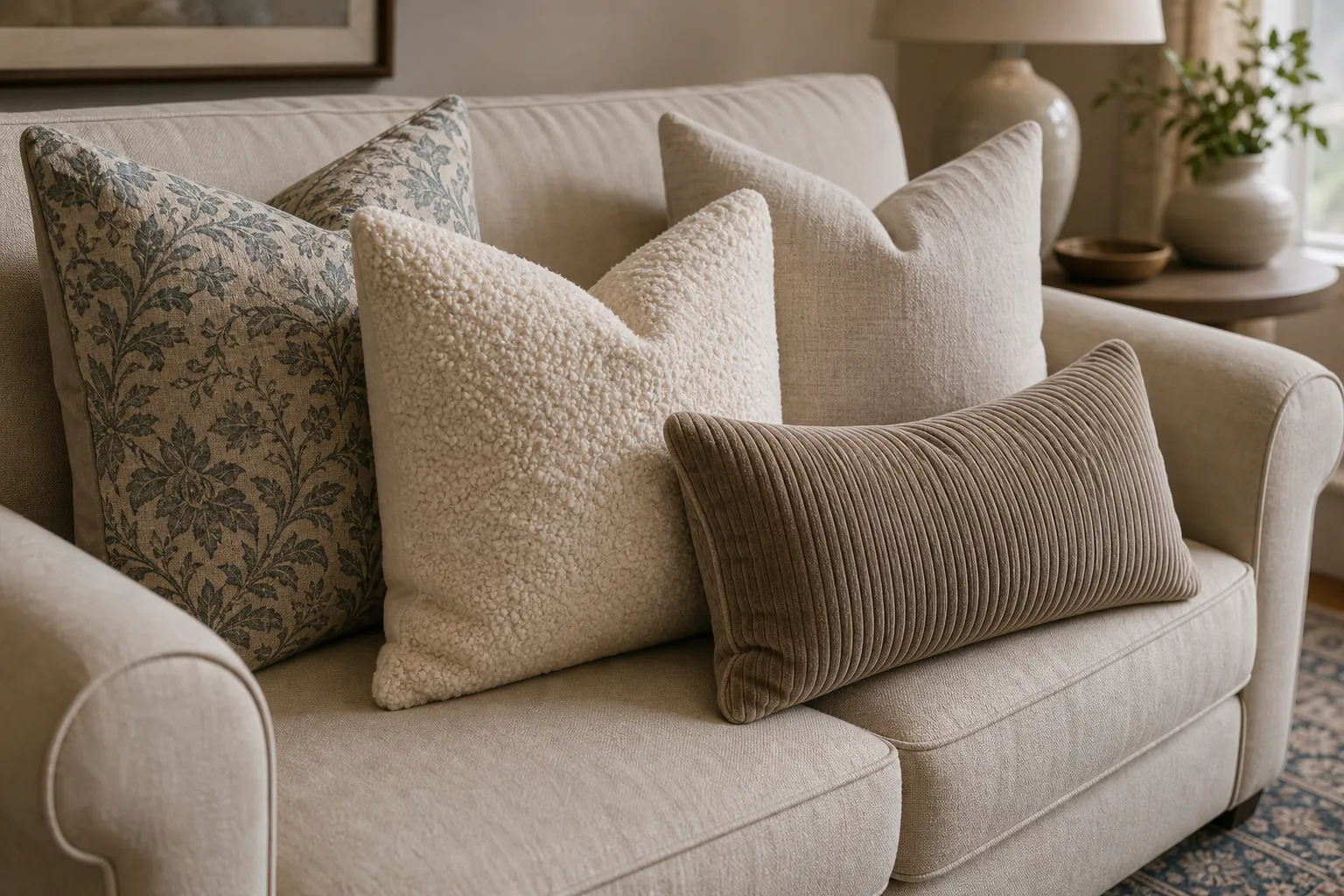 Neutral textured throw pillows calming a mixed pillow arrangement