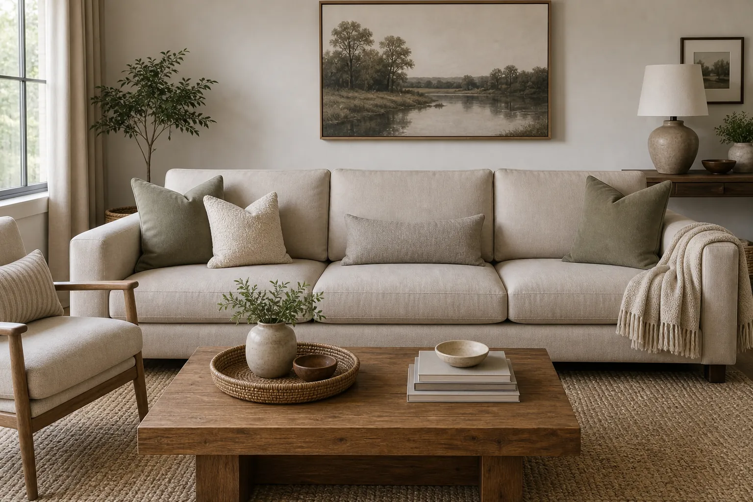 Sofa styled with throw pillows and visible breathing room