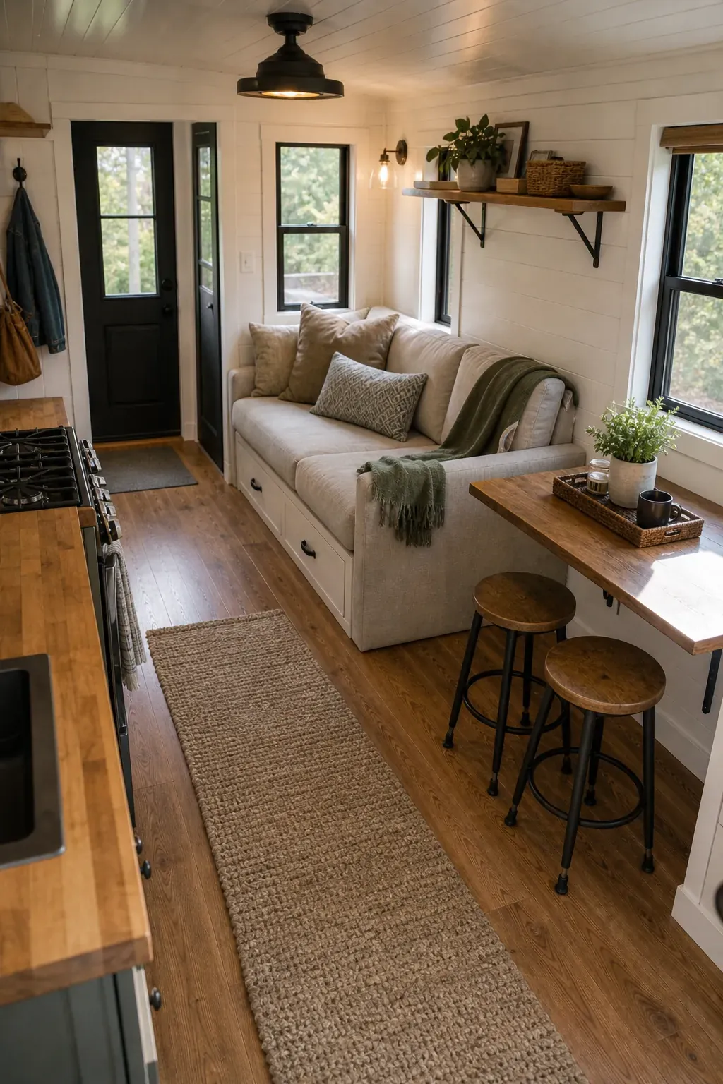 Tiny house living and dining layout with clear movement loop