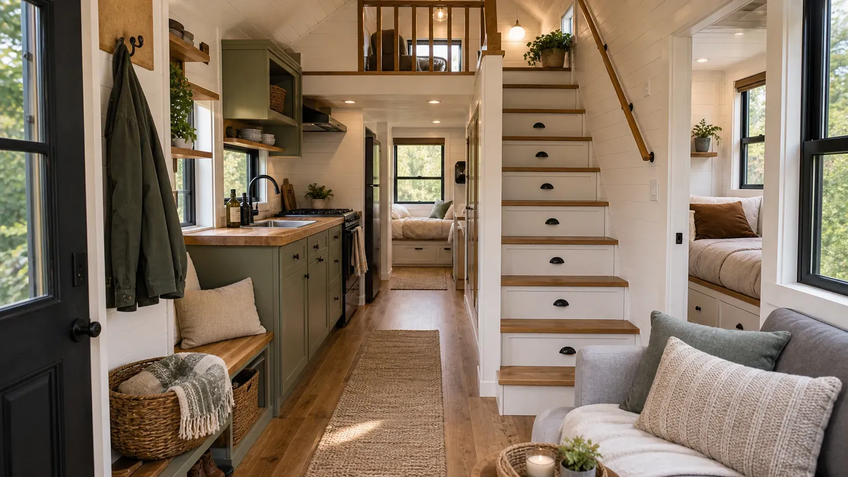 Tiny house layout with clear daily flow through kitchen living and storage zones