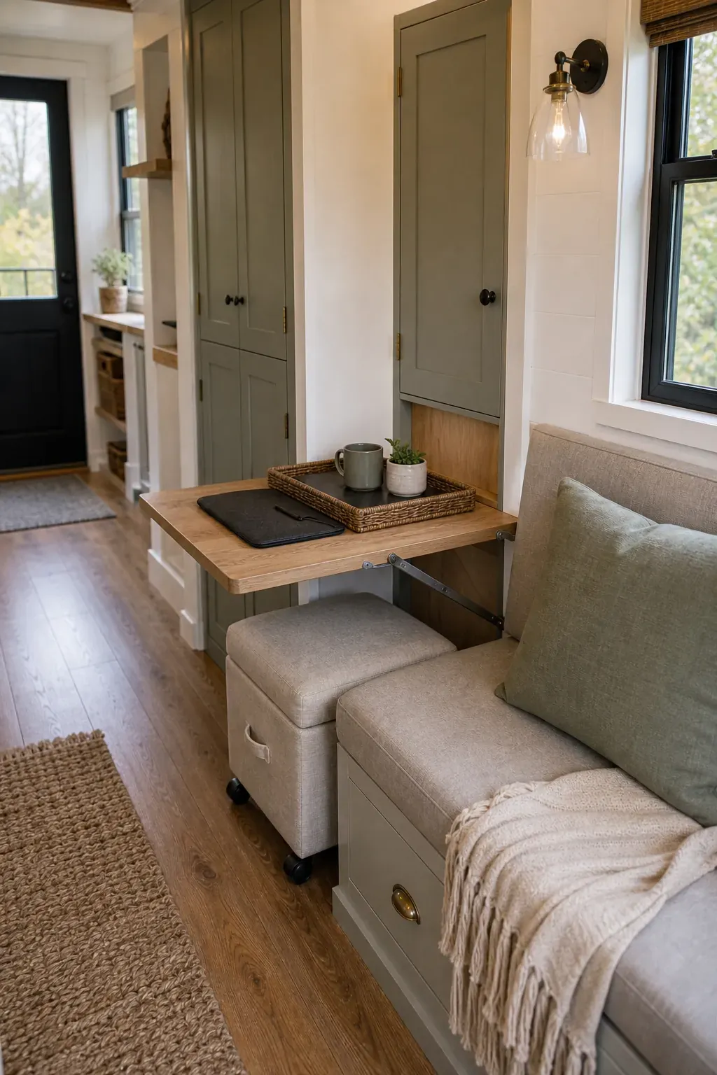 Tiny house multi use furniture layout that resets quickly