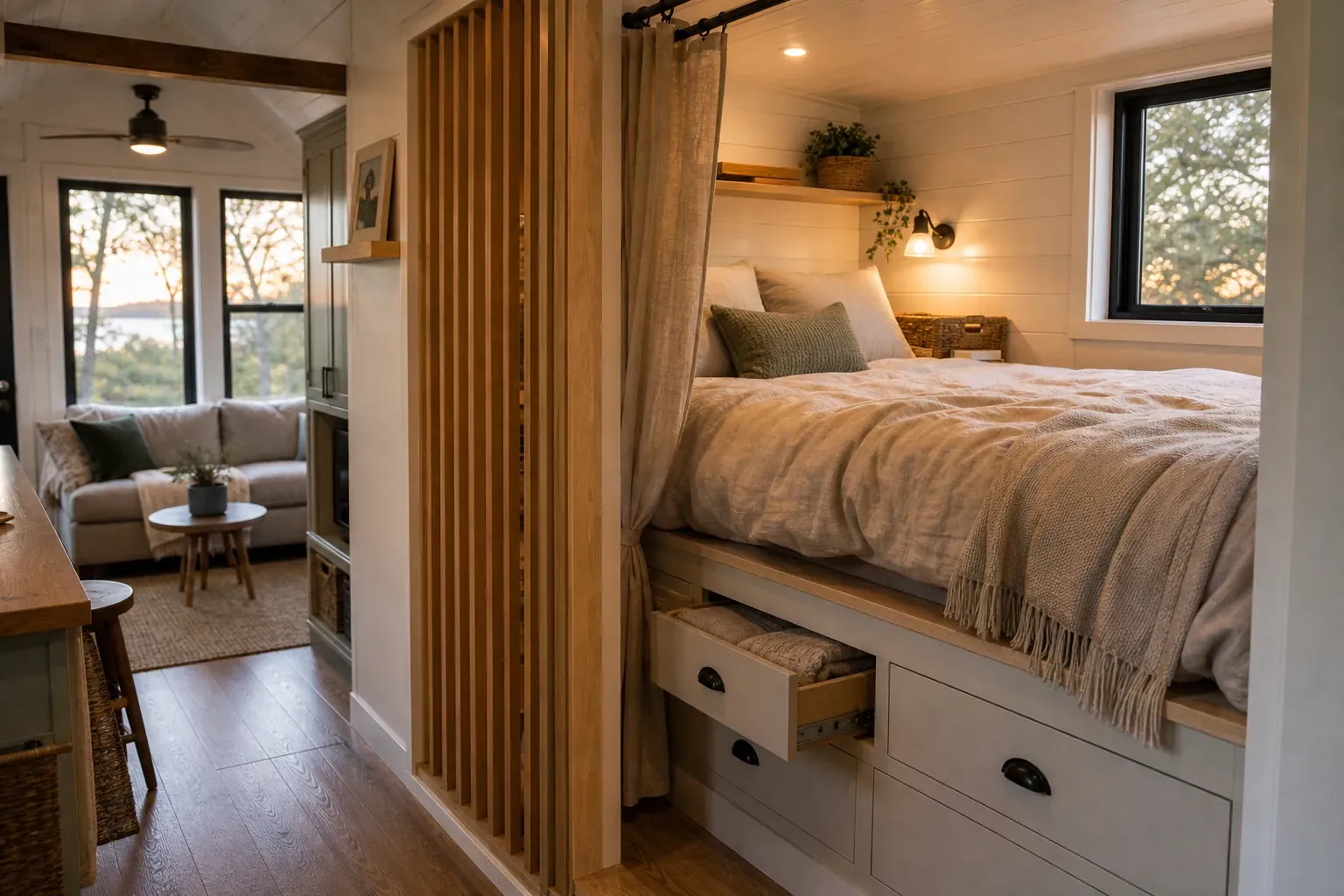 Tiny house sleeping zone with privacy and natural light flow