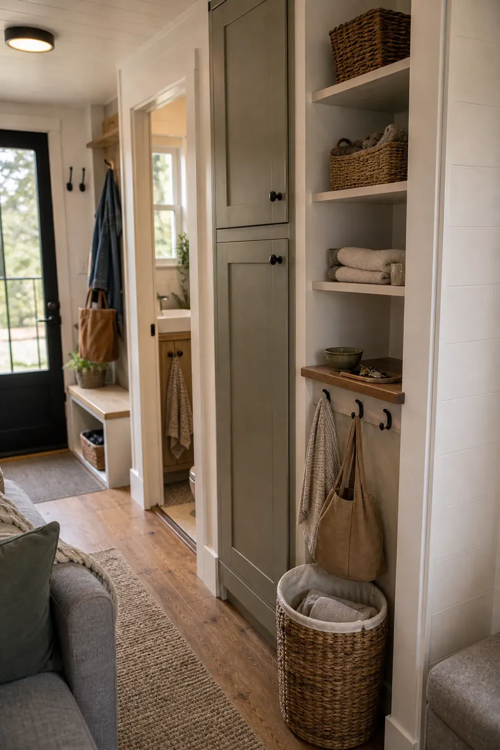 Tiny house transition storage points for better daily flow