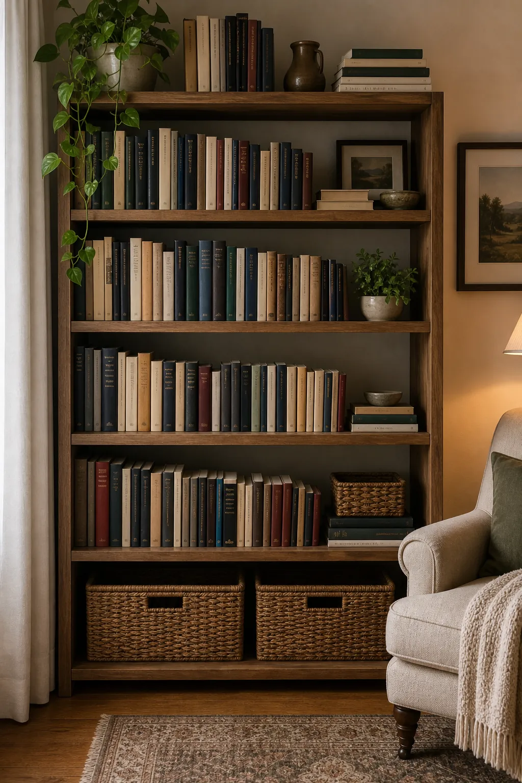 Bookcase styling with real books, plants, baskets, and open shelf space