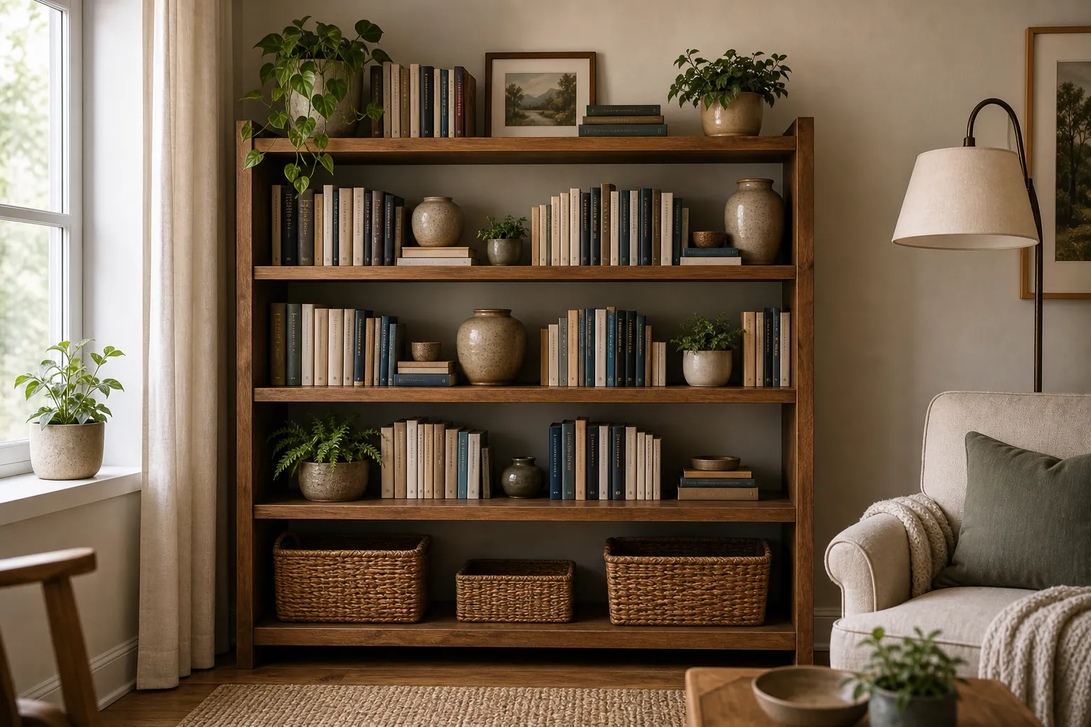 Styled bookshelf with real books, plants, baskets, warm wood, and room for storage