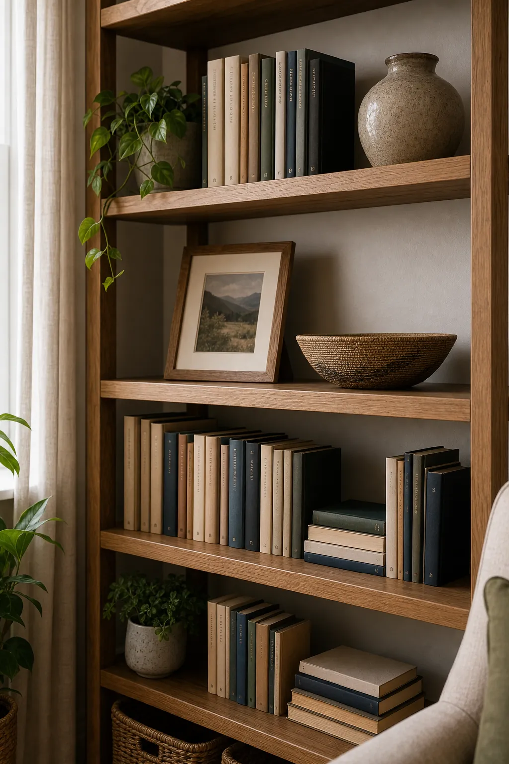 Bookshelf decor using larger objects instead of many small accessories