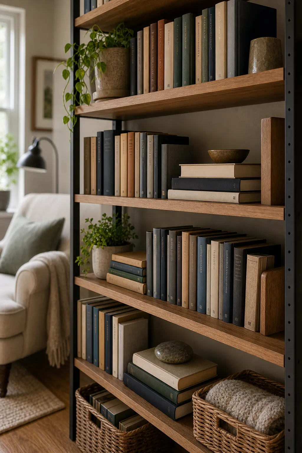 Bookcase with vertical books and horizontal stacks arranged for storage and style